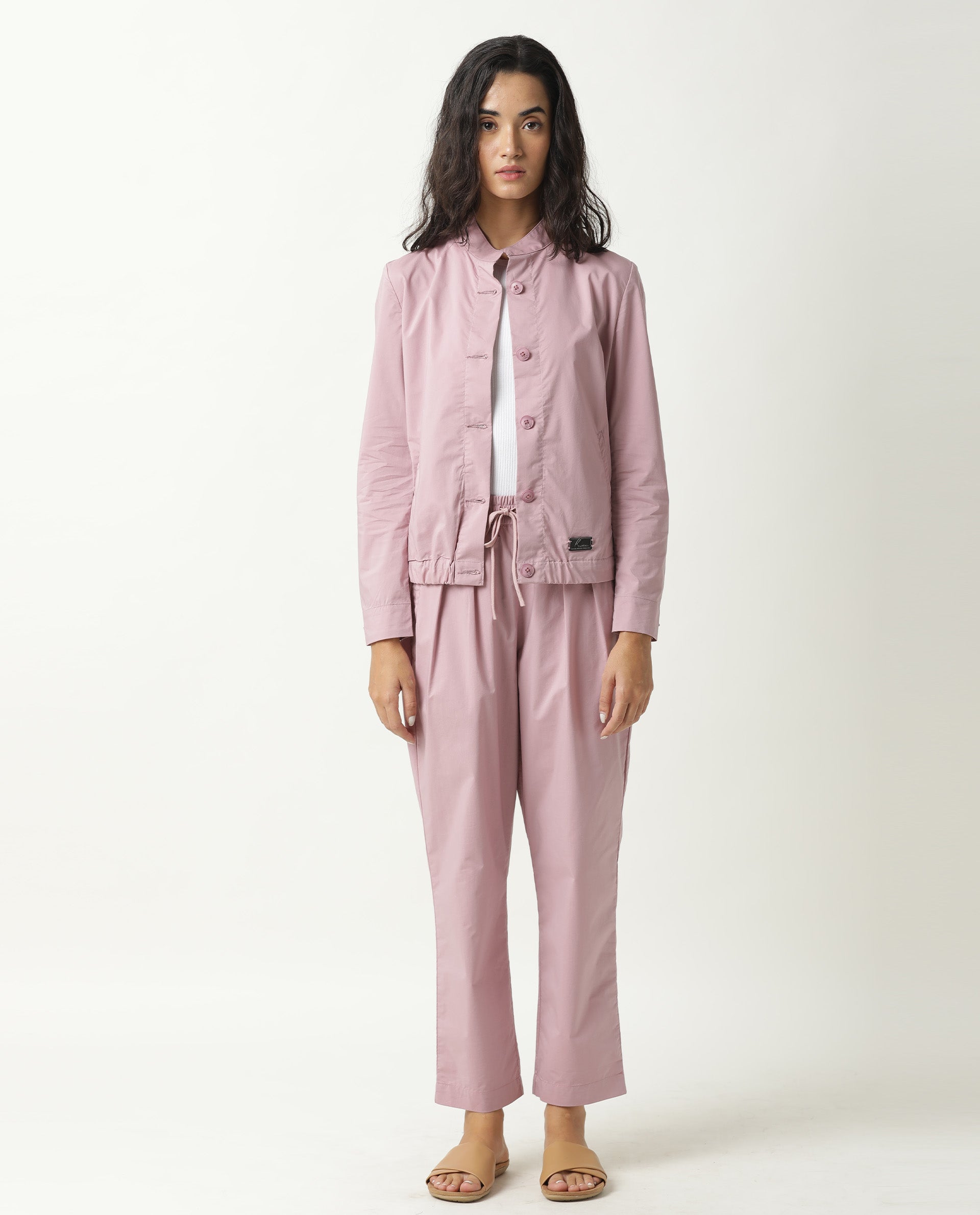 Rareism Women Aomori Pastel Purple Poly Lycra Fabric Full Sleeves Solid Mandarin Collar Jacket