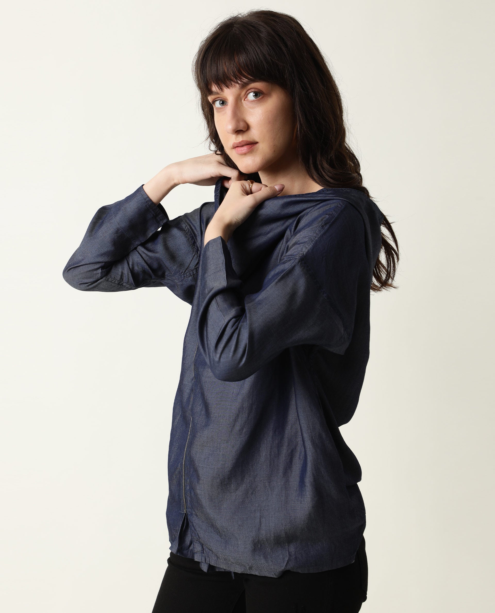 Rareism Womens Hemp Bark Blue Hoodie Zipper Closure