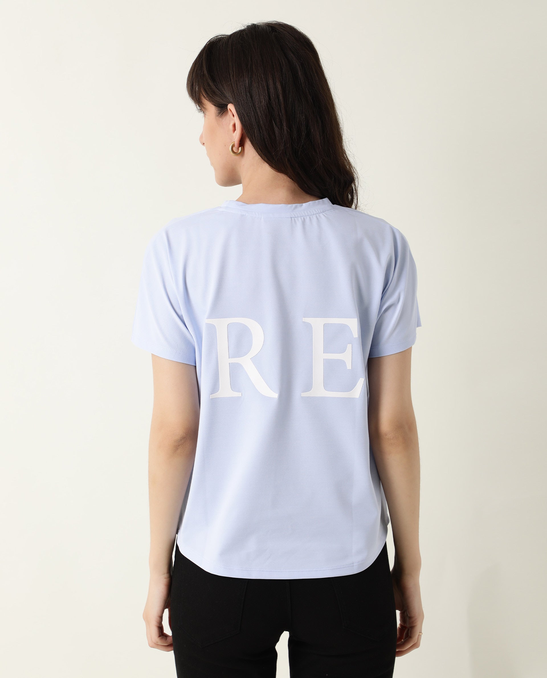 Rareism Women Hush Blue Poly Cotton Fabric Regular Fit Half Sleeves Graphic Print Crew Neck T-Shirt