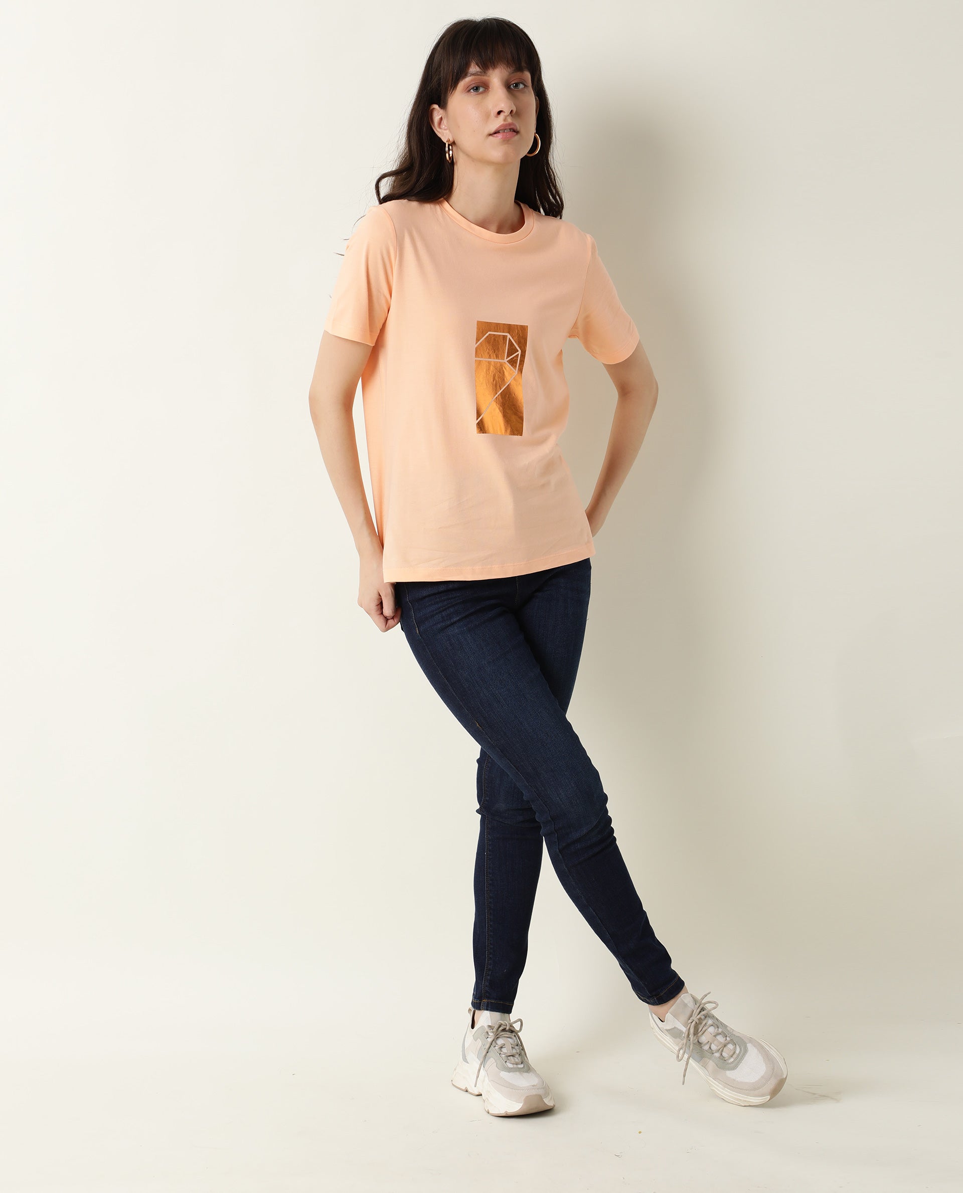 Rareism Women Gulf Light Peach Cotton Fabric Regular Fit Half Sleeves Graphic Print Crew Neck T-Shirt