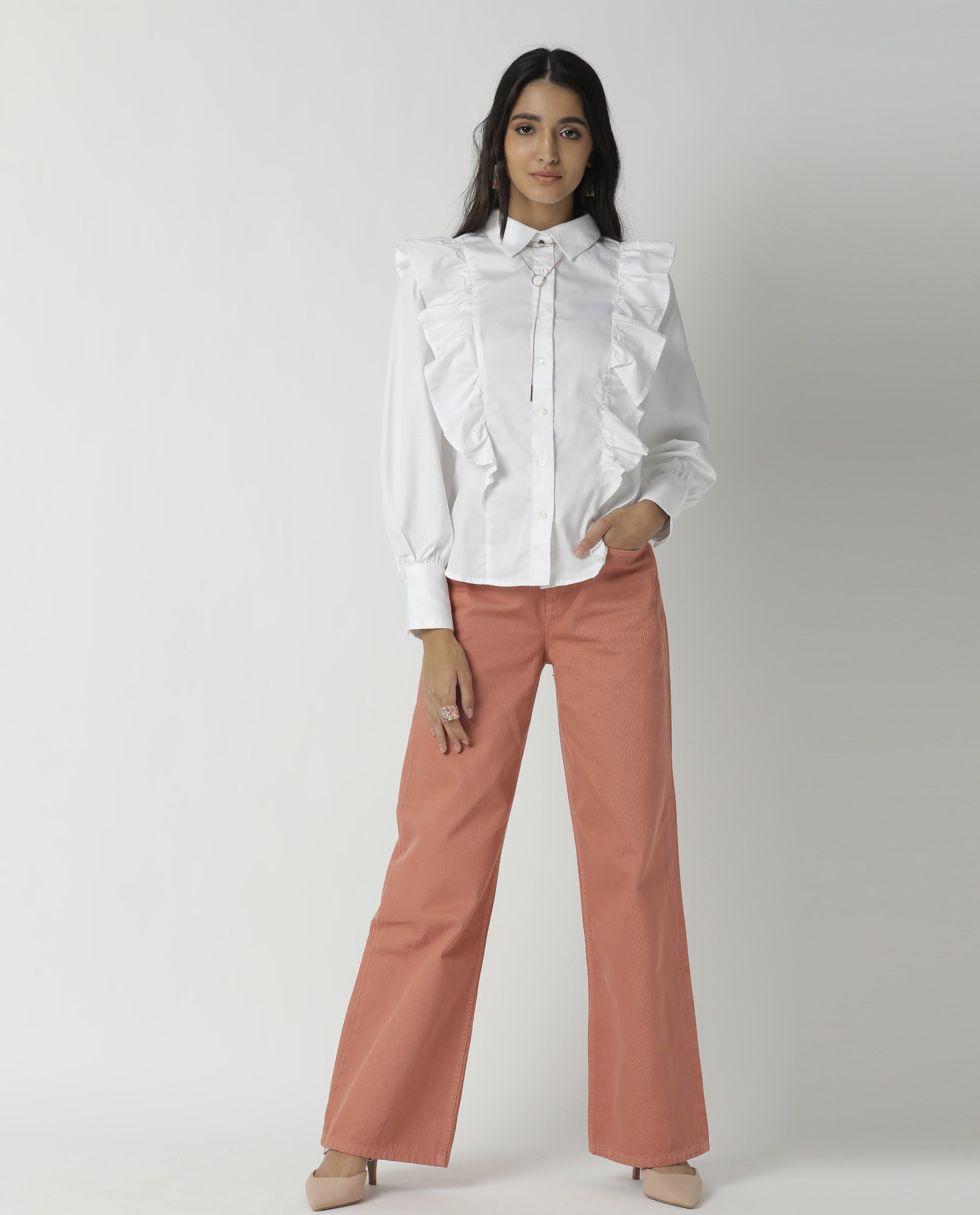 Rareism Womens Fiona White Top Cotton Lycra Fabric Regular Fit Cuffed Sleeve Collared Neck