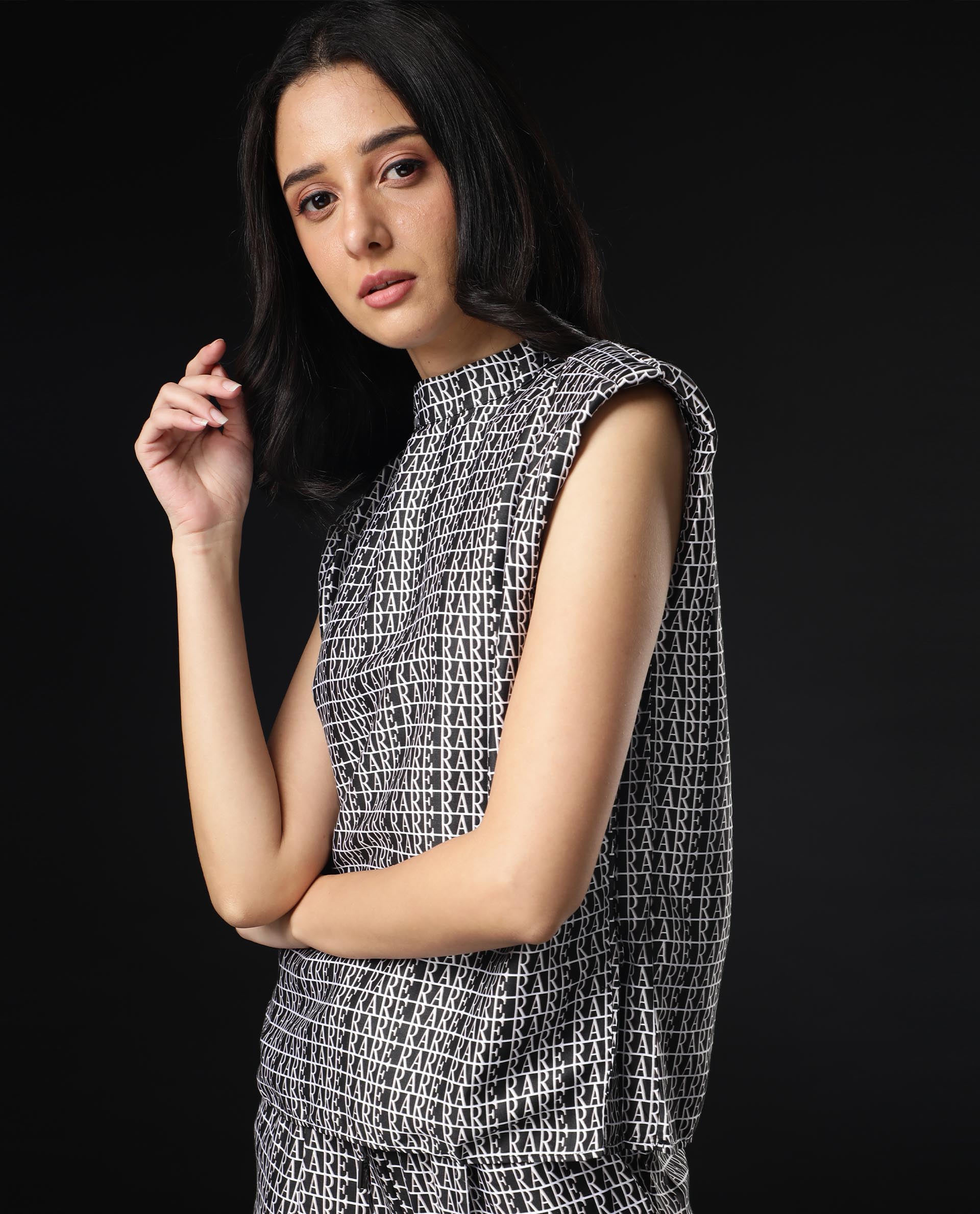 Rareism Womens Remont Black Top Modal Satin Fabric Regular Fit Sleeveless High Neck