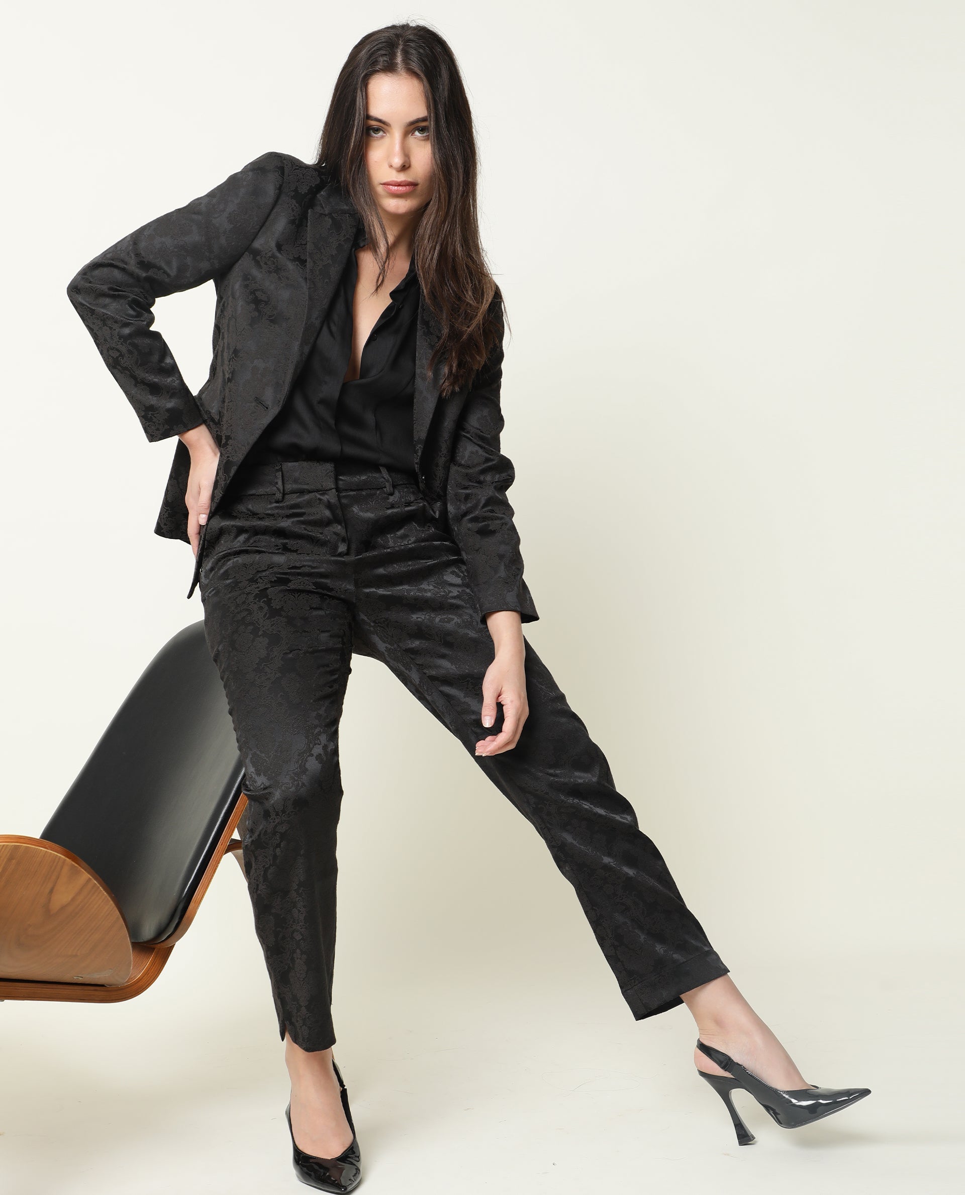 Rareism Women Nestea Black Velvet Tailored Fit High Rise Floral Print Ankle Length Trousers