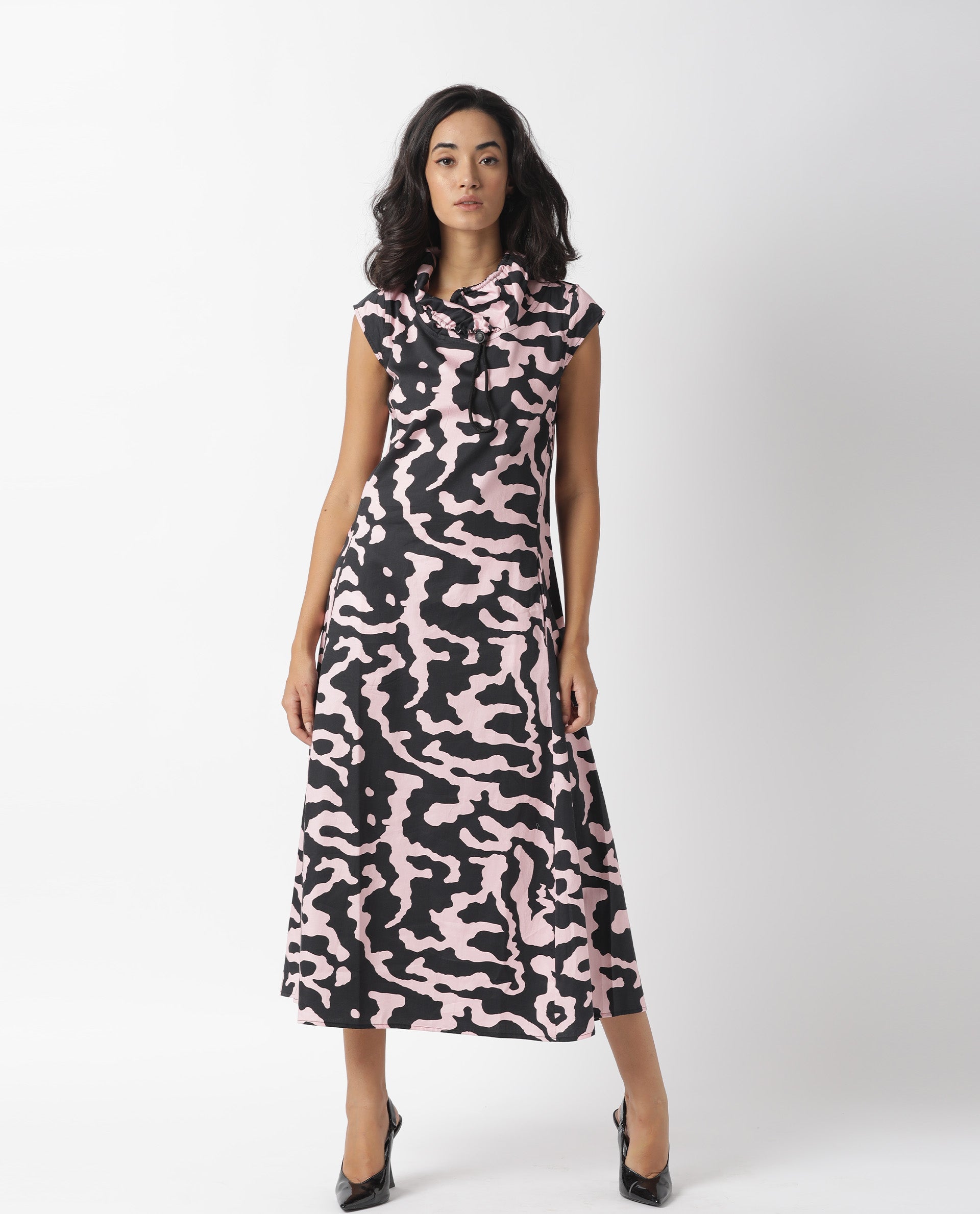 Rareism Womens Santro Black Dress Cotton Satin Fabric Regular Fit Short Sleeve High Neck