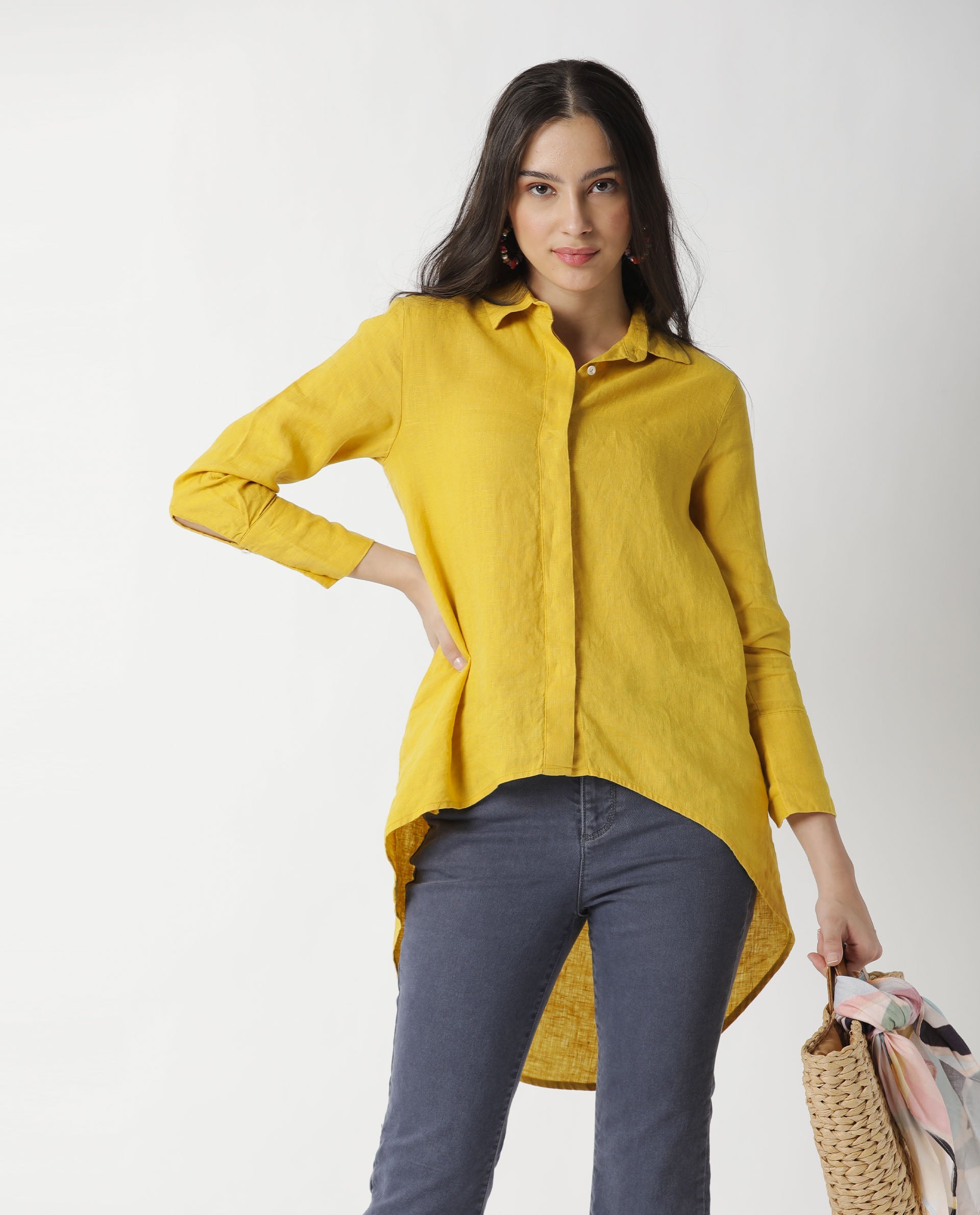 Rareism Women Comfo Yellow Linen Fabric Relaxed Fit Shirt Collar Full Sleeves Solid Top