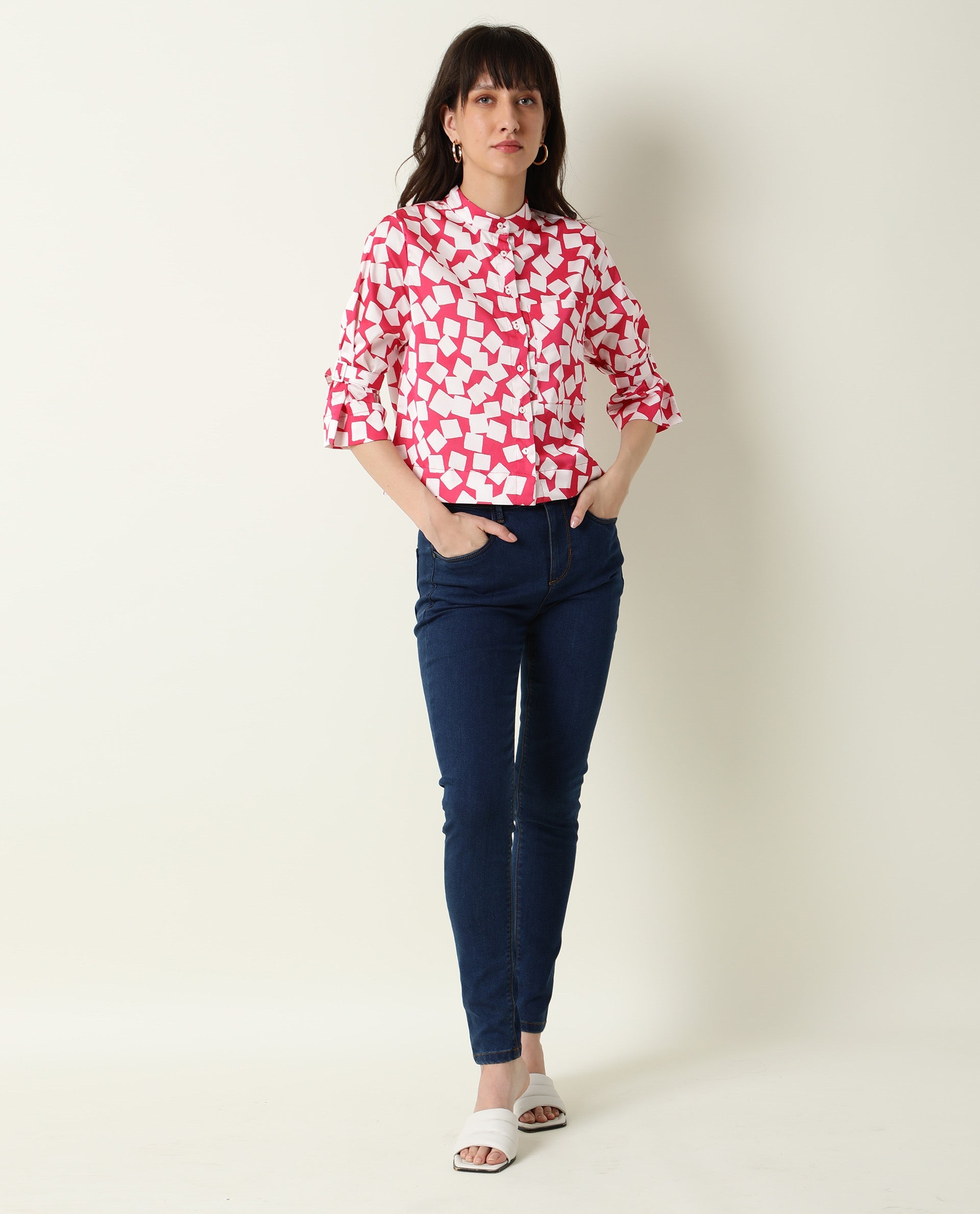 Rareism Women Seki Pink Modal Fabric Regular Sleeve High Neck Geometric Print Shirt