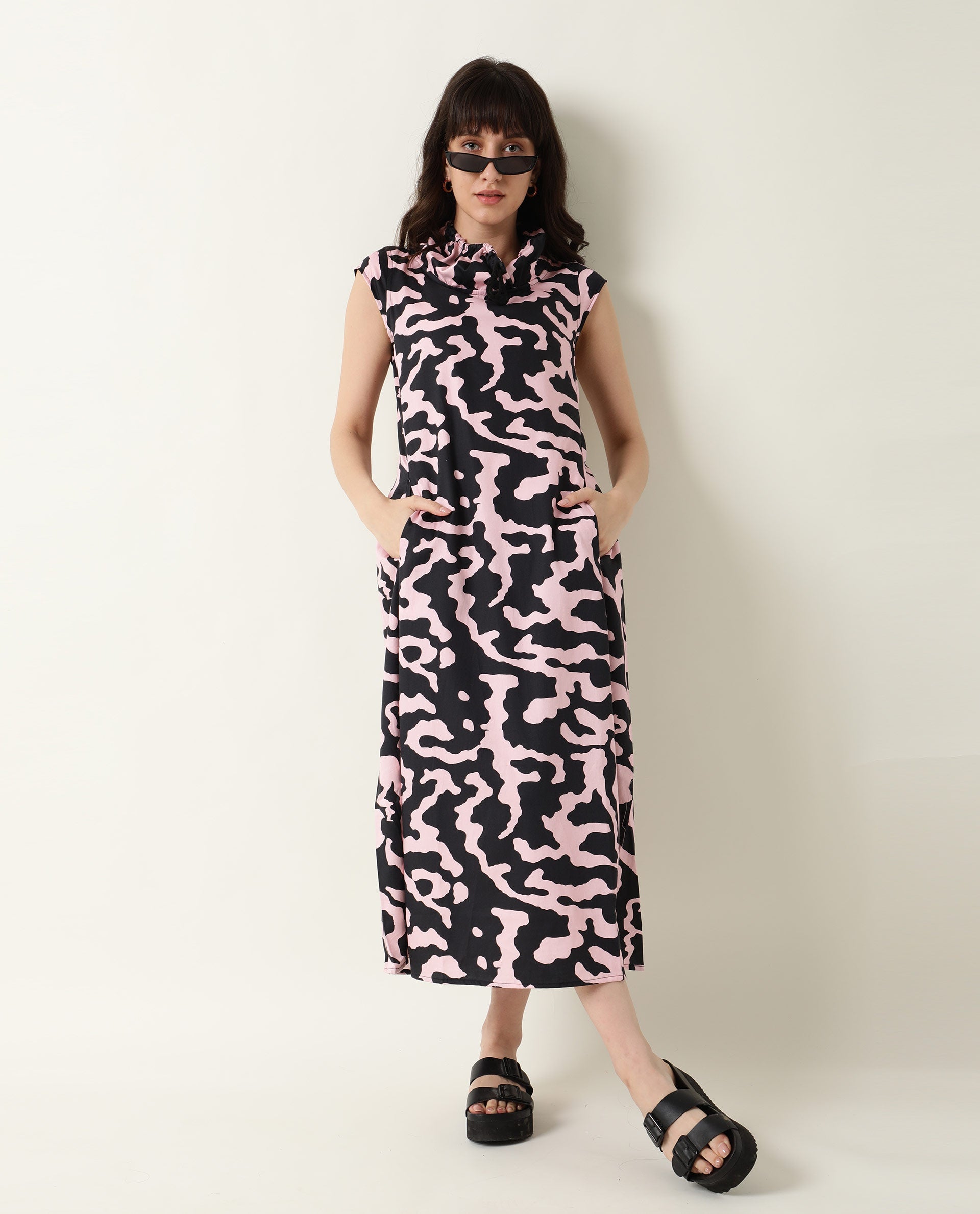 Rareism Womens Santro Black Dress Cotton Satin Fabric Regular Fit Short Sleeve High Neck