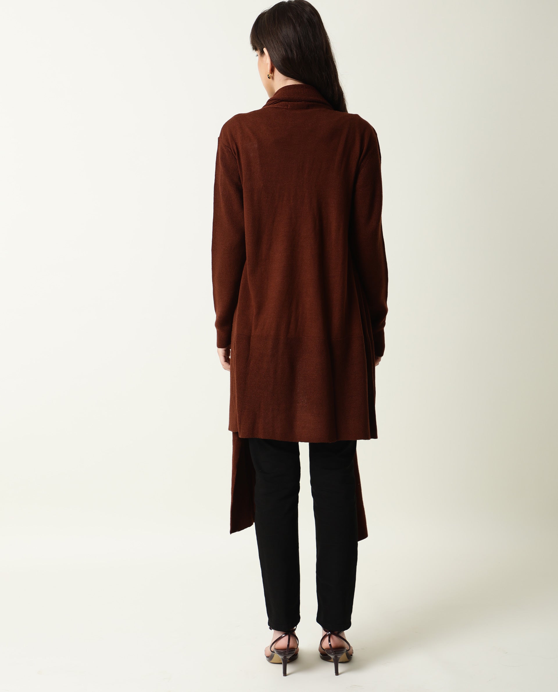 Rareism Women Flap Brown Acrylic Fabric Full Sleeves Knee Length Regular Fit Solid Collarless Sweater