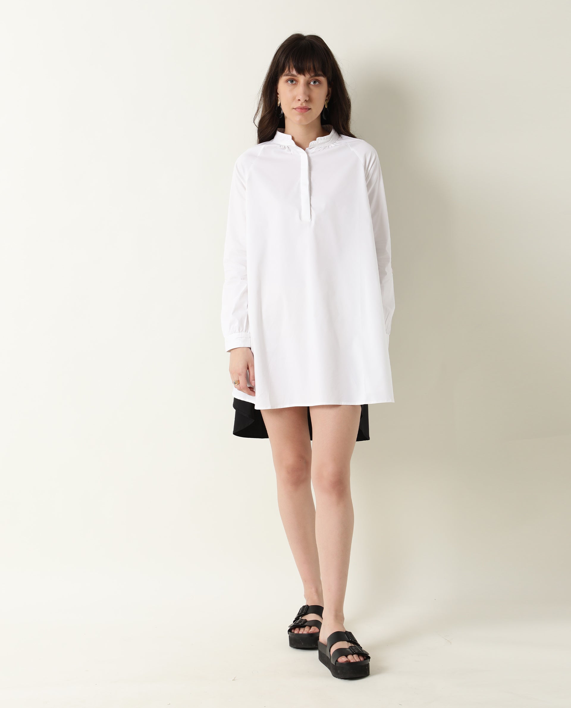 Rareism Womens Hansom Black Dress Cotton Lycra Fabric Regular Fit  Mandrain Neck