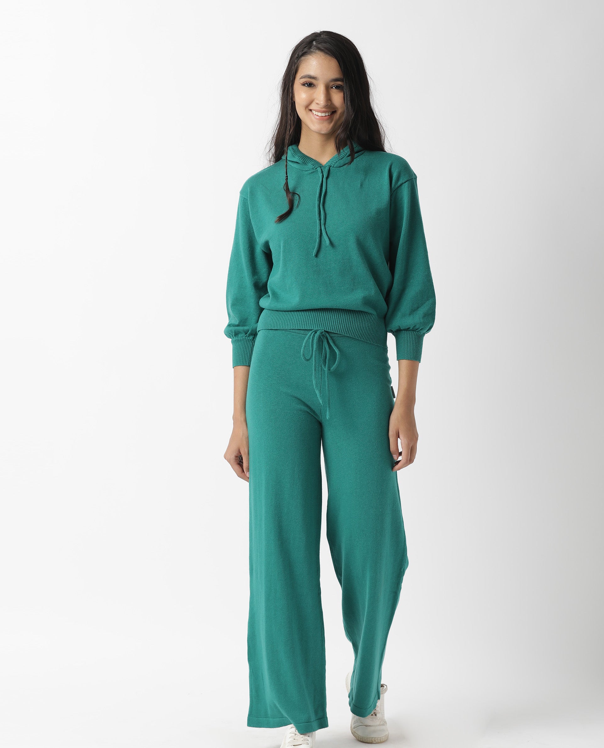 Rareism Women Finn Green Cotton Fabric Relaxed Fit Full Sleeves Solid Knee Length Hooded Track Suit