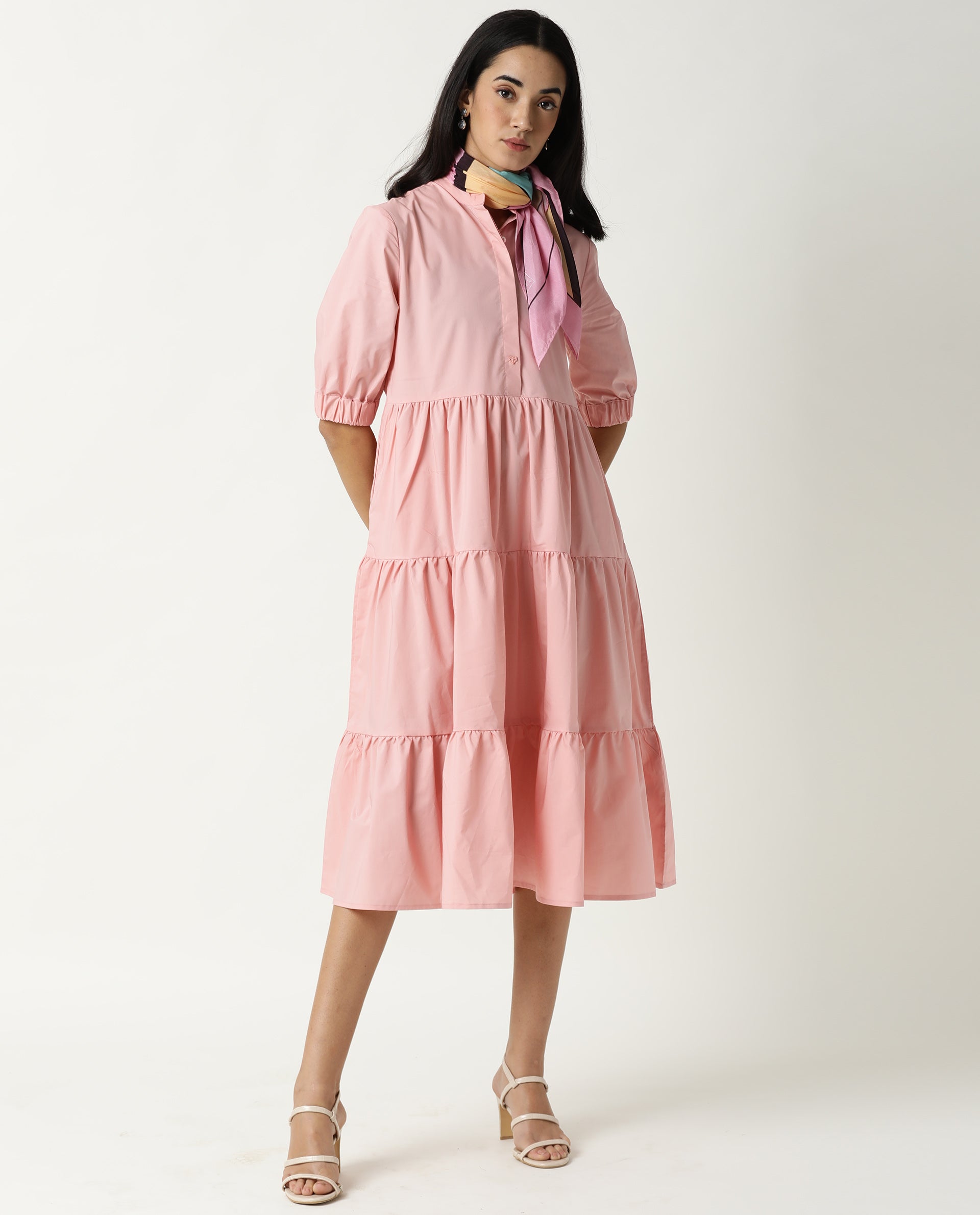 Rareism Women Alena Pink Mandarin Collar 3/4 Sleeves With Pocket Tiered Knee Length Dress