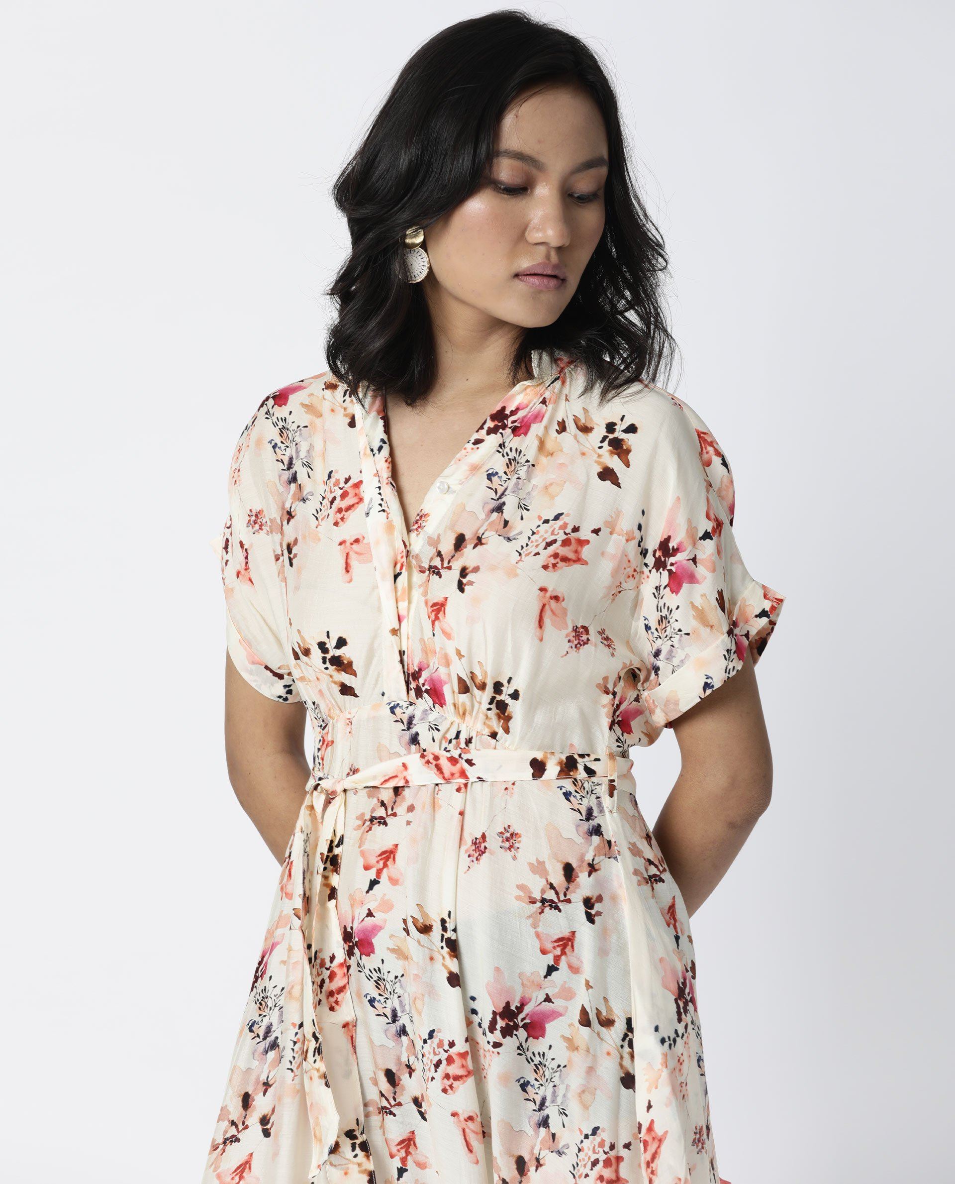 Rareism Womens Fling Off White Dress Cotton Silk Fabric Relaxed Fit Drop Shoulder Half Sleeve A Line Dress Long Length