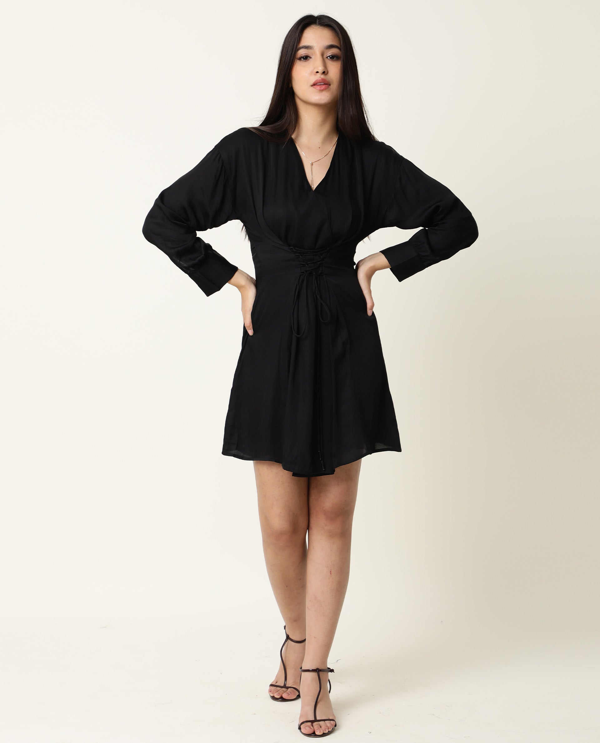 Rareism Women Lactose Black V Neck Full Sleeves Waist Criss Cross Tie Up Mini Dress