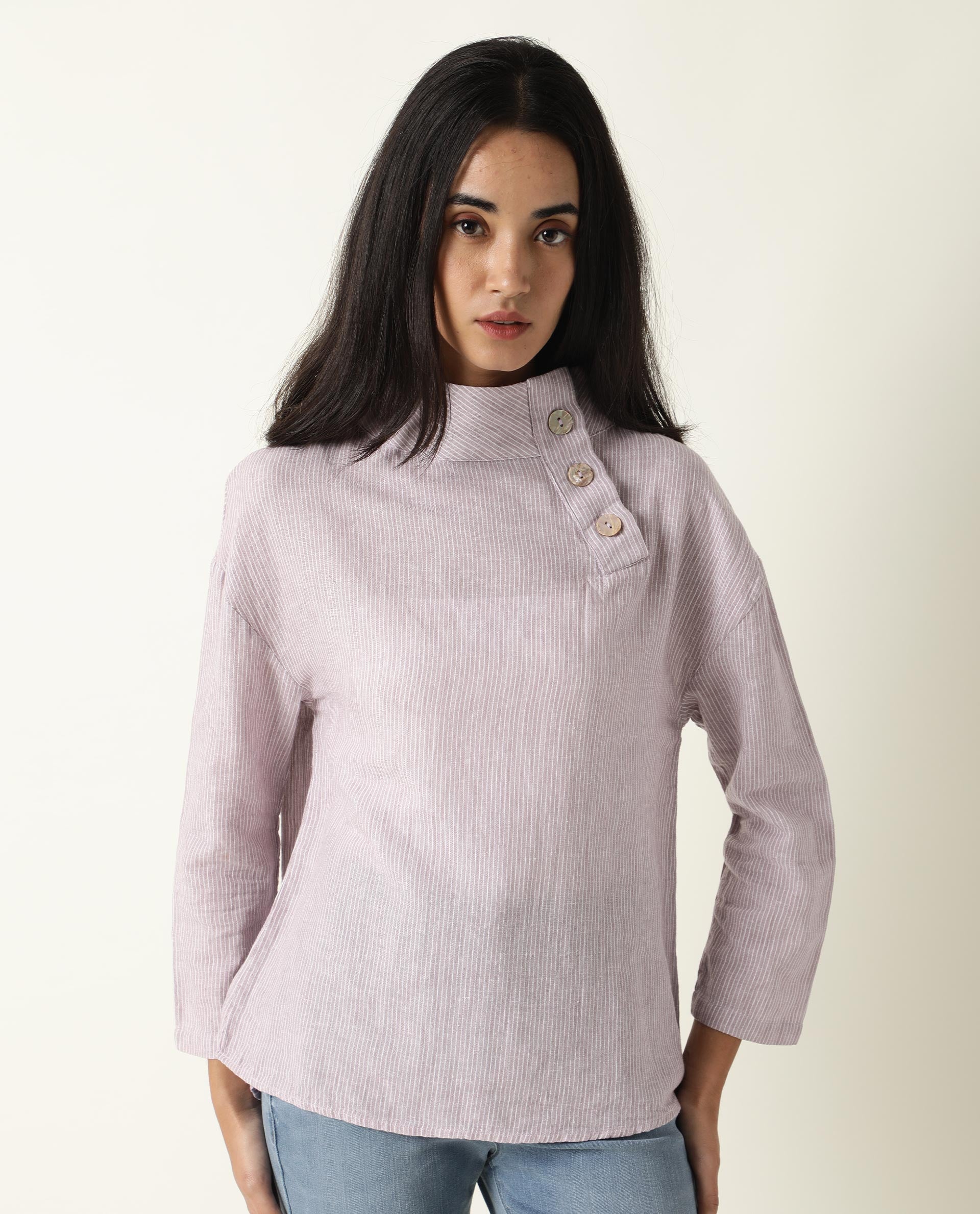 Rareism Women Mute Pastel Purple Cotton Linen Fabric Regular Fit High Neck Full Sleeves Solid Top