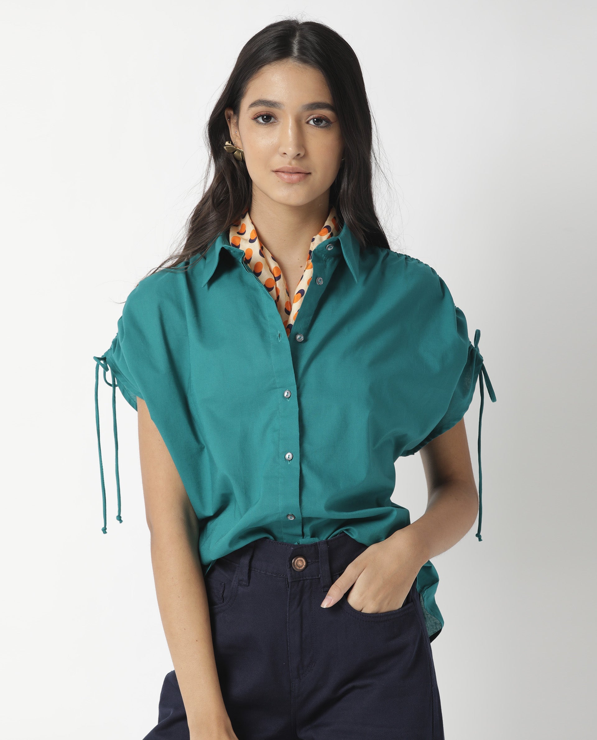 Rareism Women Tamara Dark Petrol Cotton Fabric Regular Fit Shirt Collar Half Sleeves Solid Top