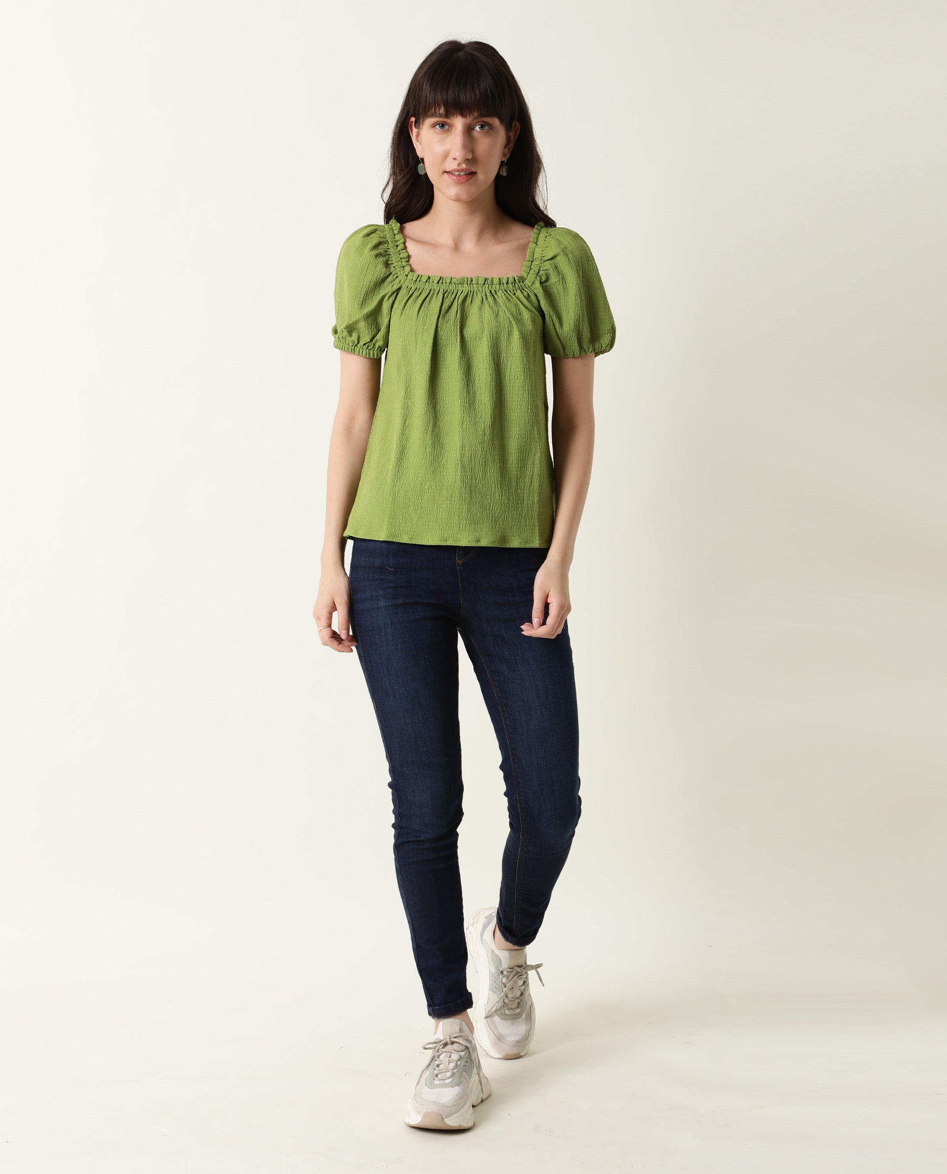 Rareism Women Swag Green Cotton Lycra Fabric Tailored Fit Square Neck Half Sleeves Solid Top
