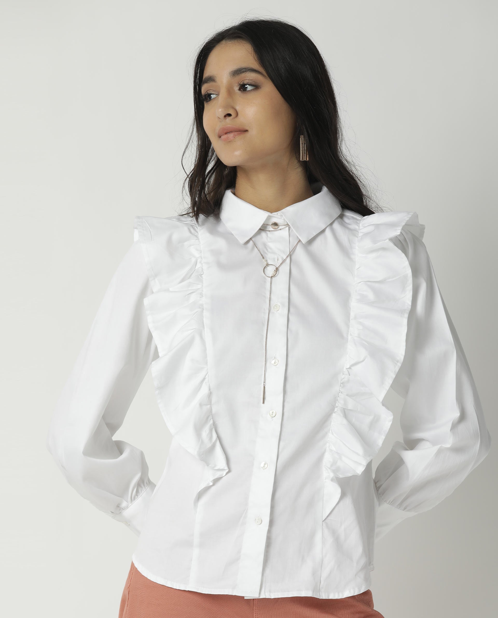 Rareism Womens Fiona White Top Cotton Lycra Fabric Regular Fit Cuffed Sleeve Collared Neck