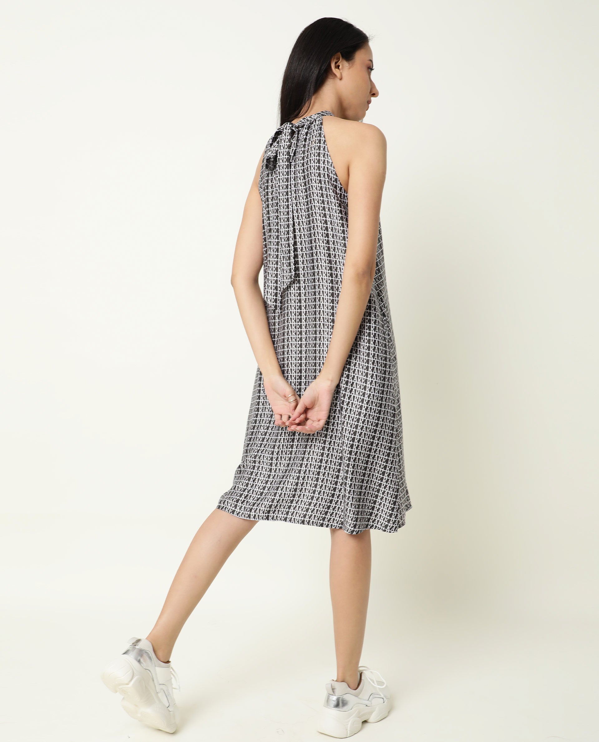 Rareism Women Renata Black Halter Neck With Tie Up Back And Pockets Knee Length Dress