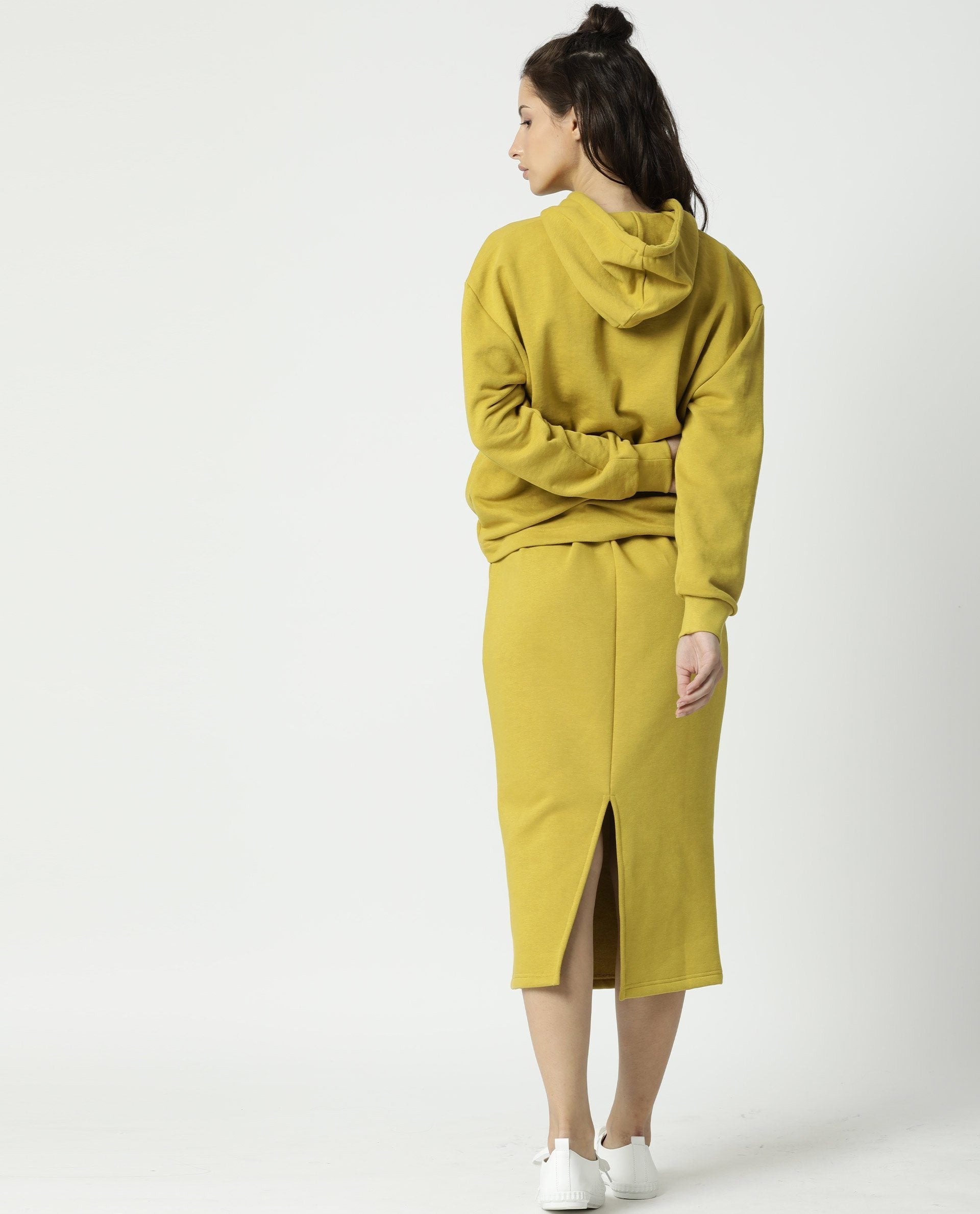 Rareism Women Fudge Yellow Poly Cotton Fabric Tailored Fit High Rise Solid Midi Skirt