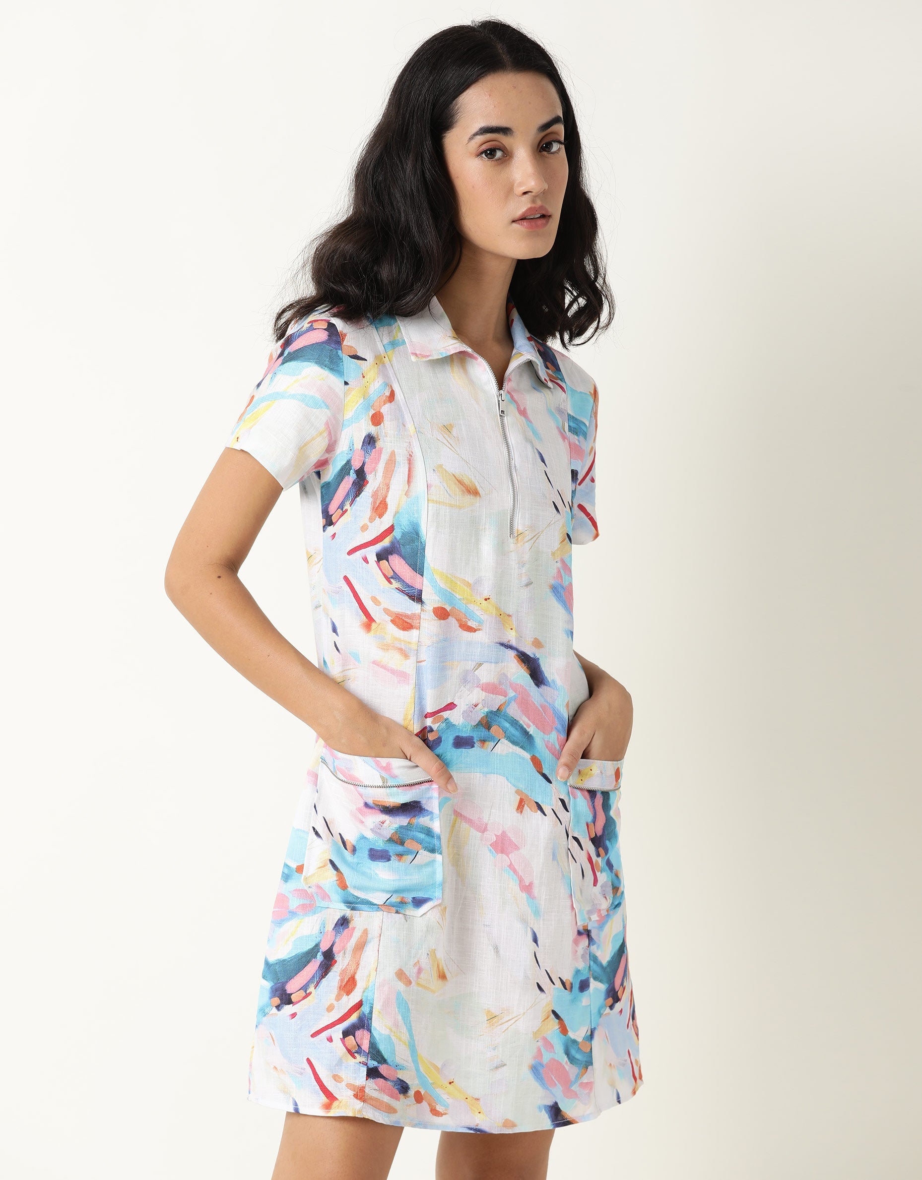 Rareism Womens Host Blue Dress Cotton Linen Fabric Regular Fit Puff Sleeves Collared Neck