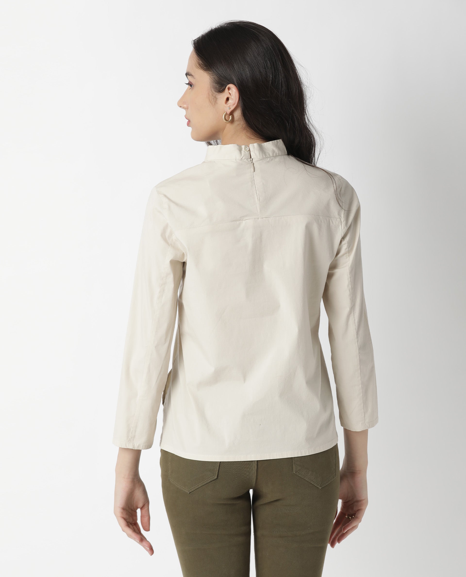 Rareism Womens Monet Beige Top Cotton Lycra Fabric Regular Fit 3/4 Sleeve Collared Neck