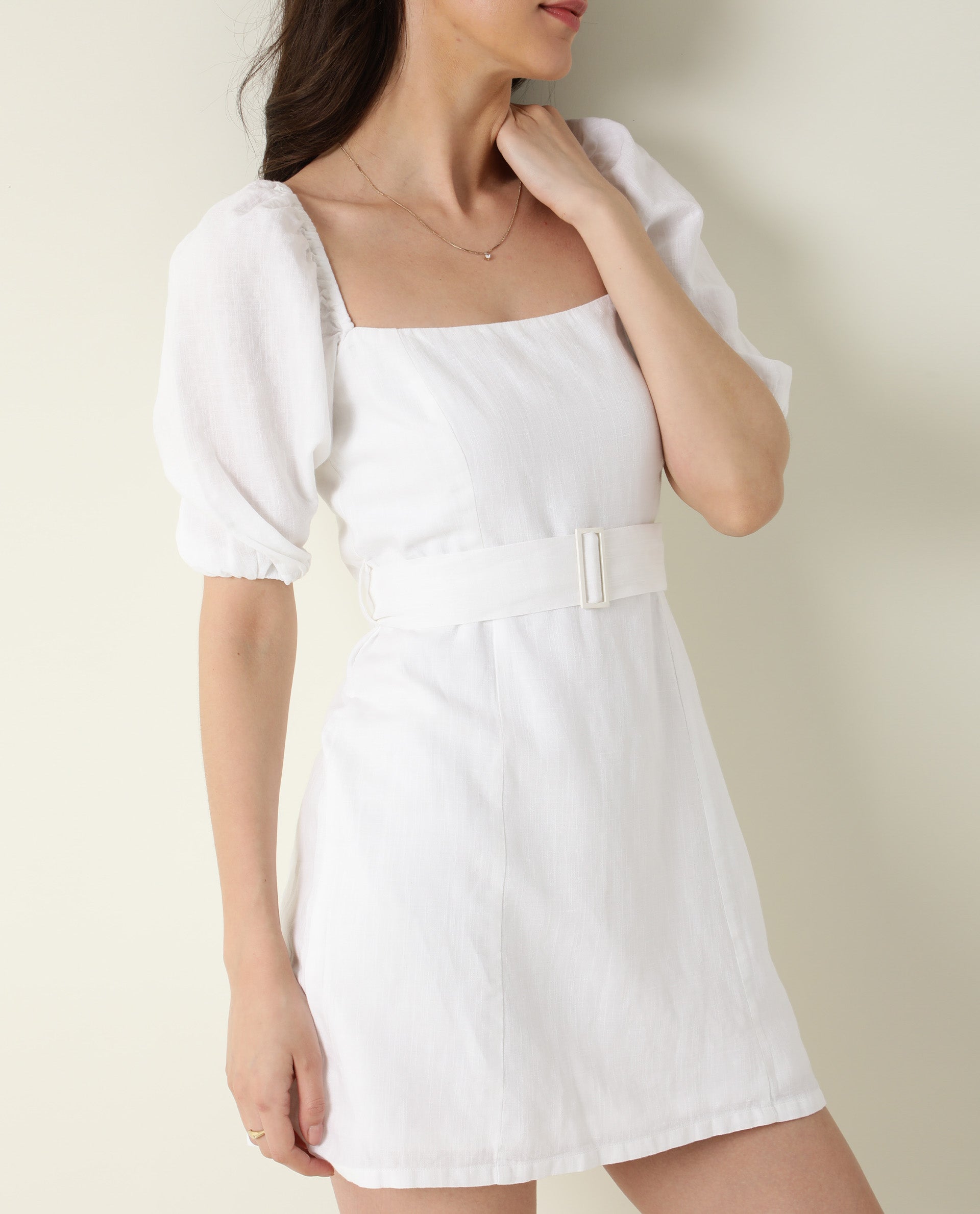 Rareism Women Uptown White Square Neck With Tie Up Back Puff Sleeves Mini Dress