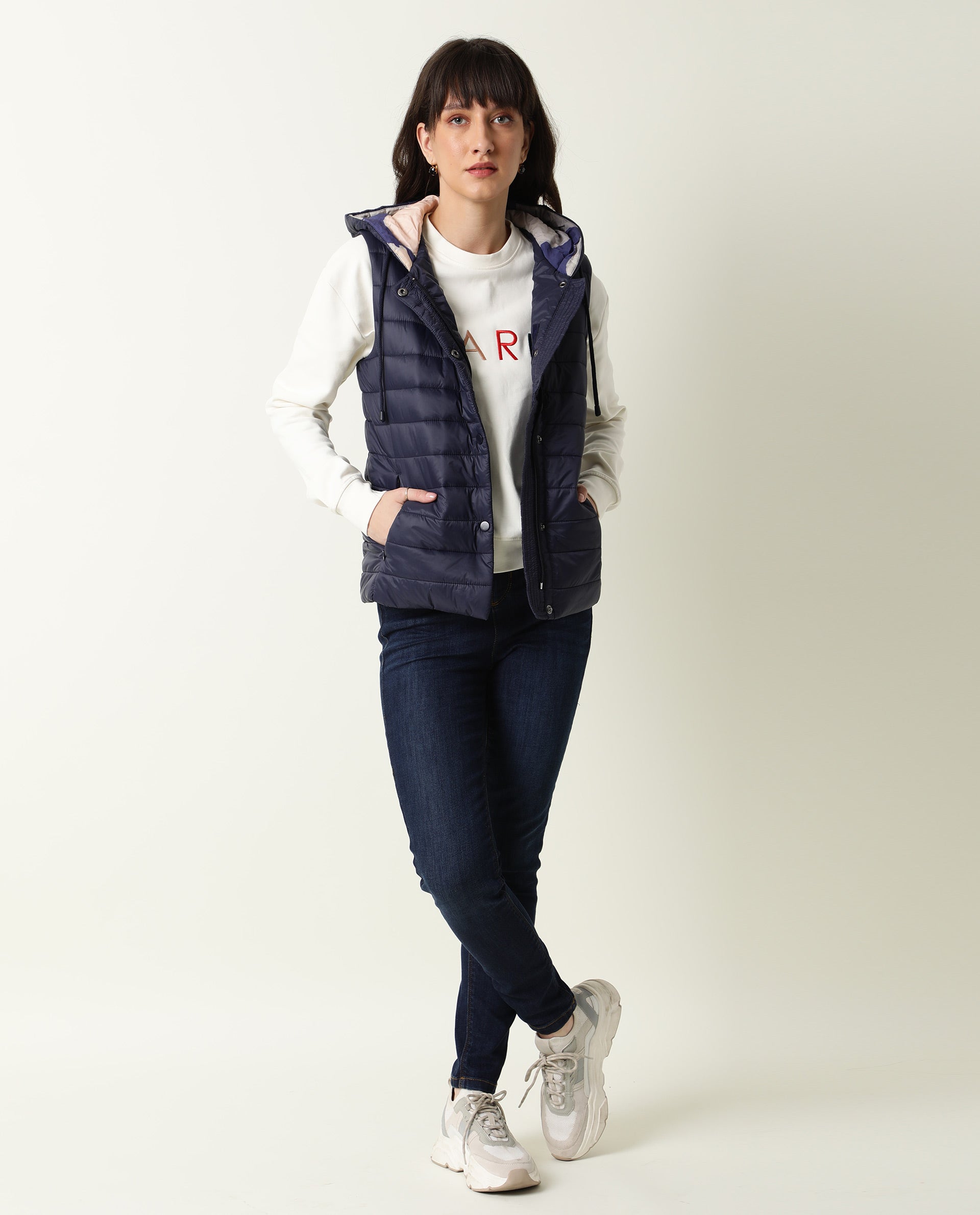 Rareism Women Troop Dark Navy  Sleeveless Solid Hooded Jacket