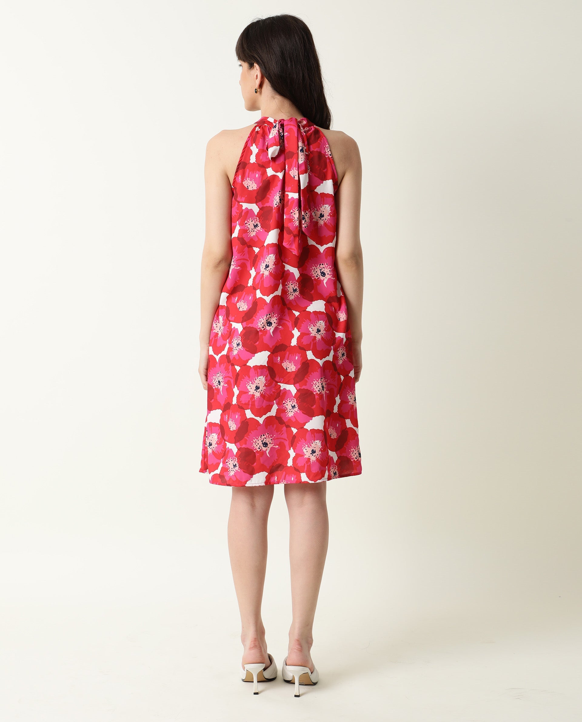 Rareism Women Oasis Red Floral Print Gathered Halter Neck Sleeveless With Pockets Knee Length Dress