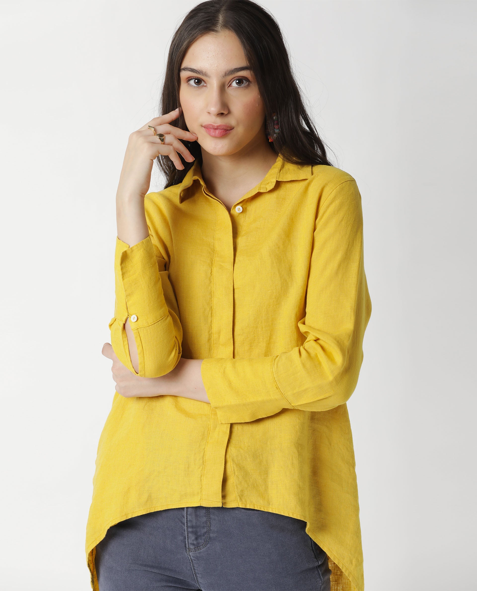Rareism Women Comfo Yellow Linen Fabric Relaxed Fit Shirt Collar Full Sleeves Solid Top
