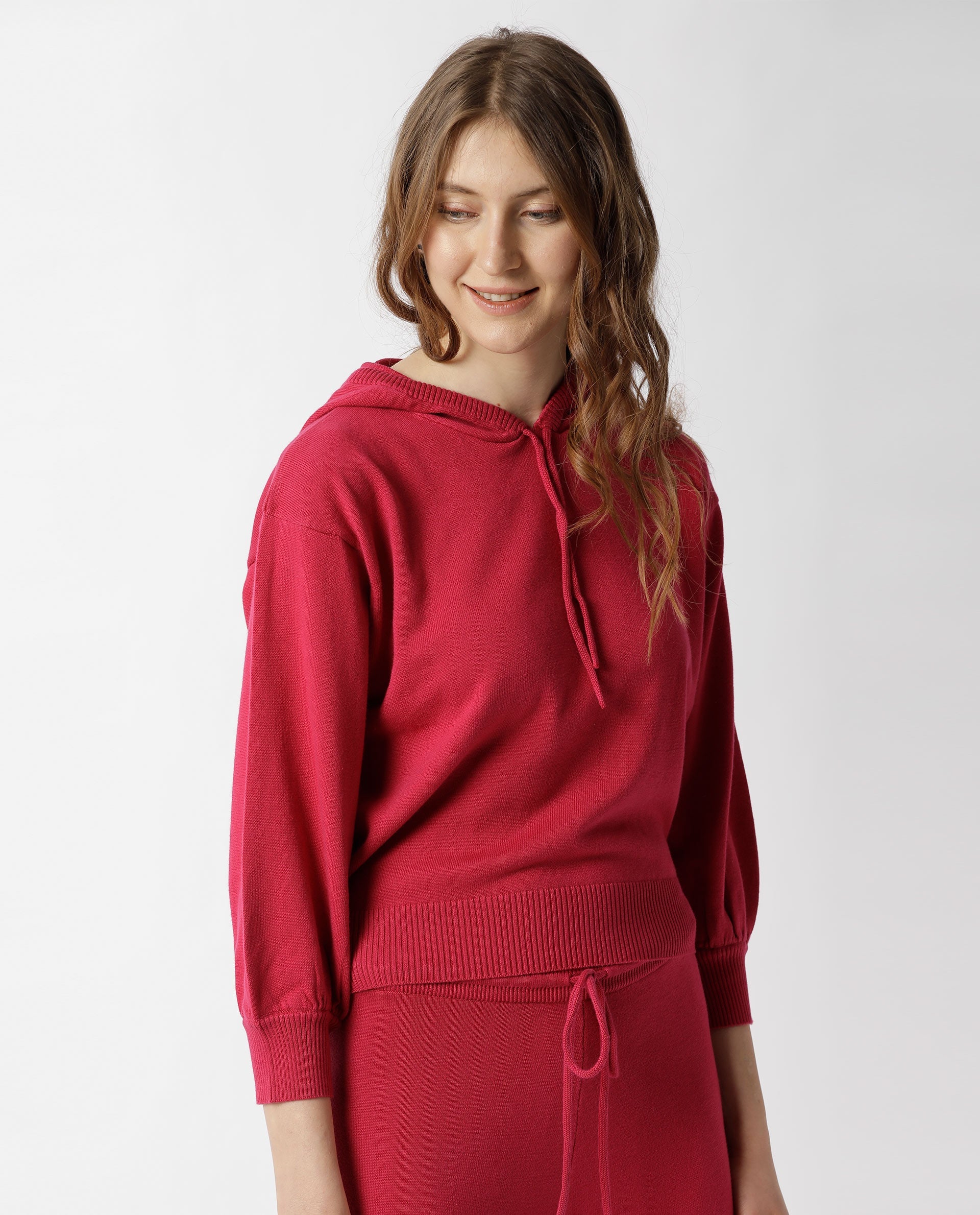 Rareism Women Finn Sweat Dark Pink Cotton Fabric Full Sleeves Relaxed Fit Solid Hooded Sweater