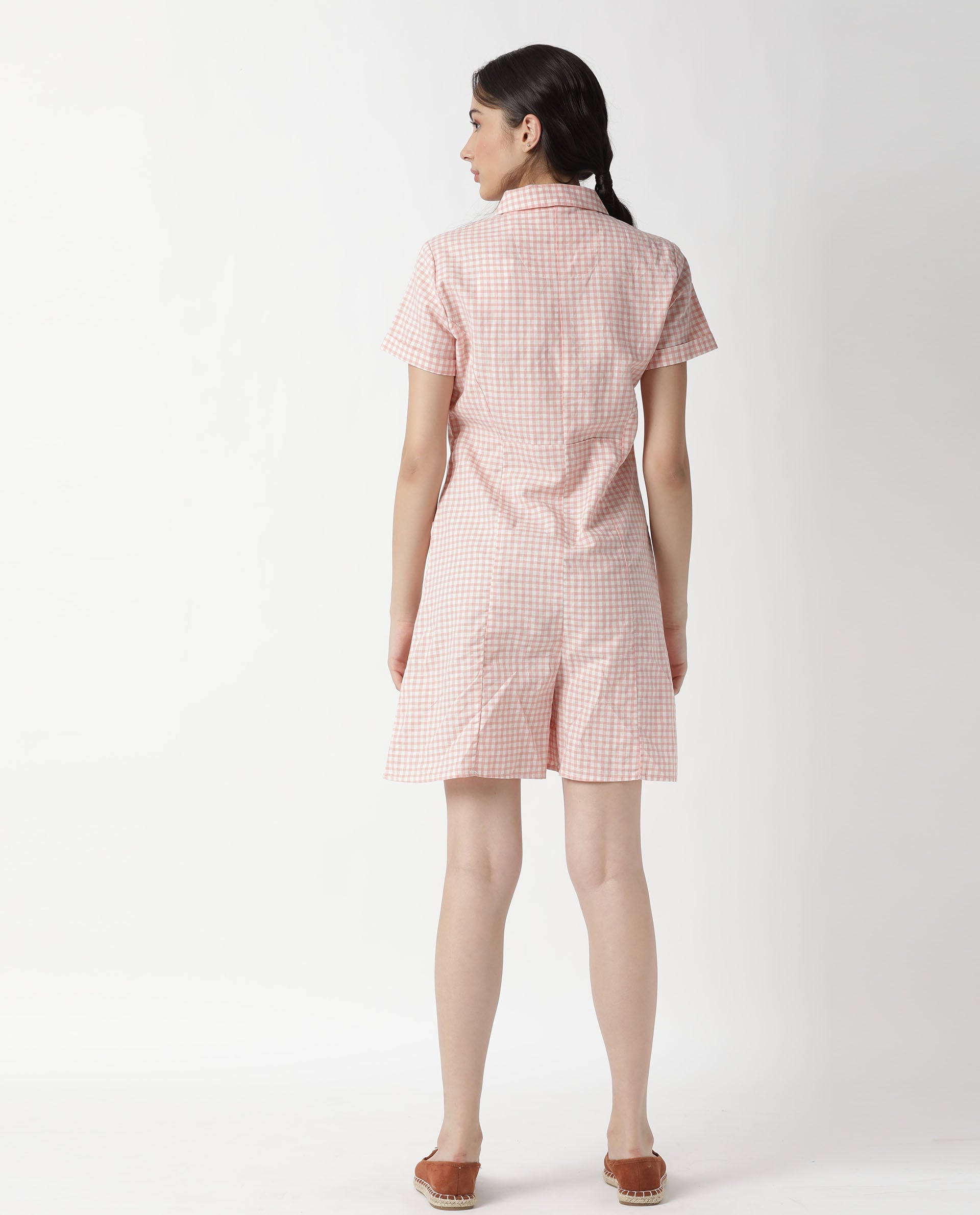 Rareism Women Welt Light Peach Cotton Linen Fabric Regular Fit Lapel Neck Checked Playsuit
