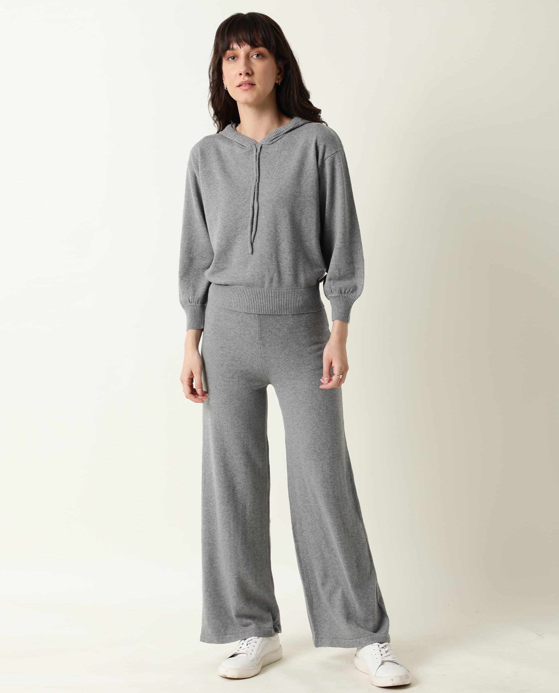 Rareism Women Finn Melange Grey Cotton Fabric Relaxed Fit Full Sleeves Solid Knee Length Hooded Track Suit