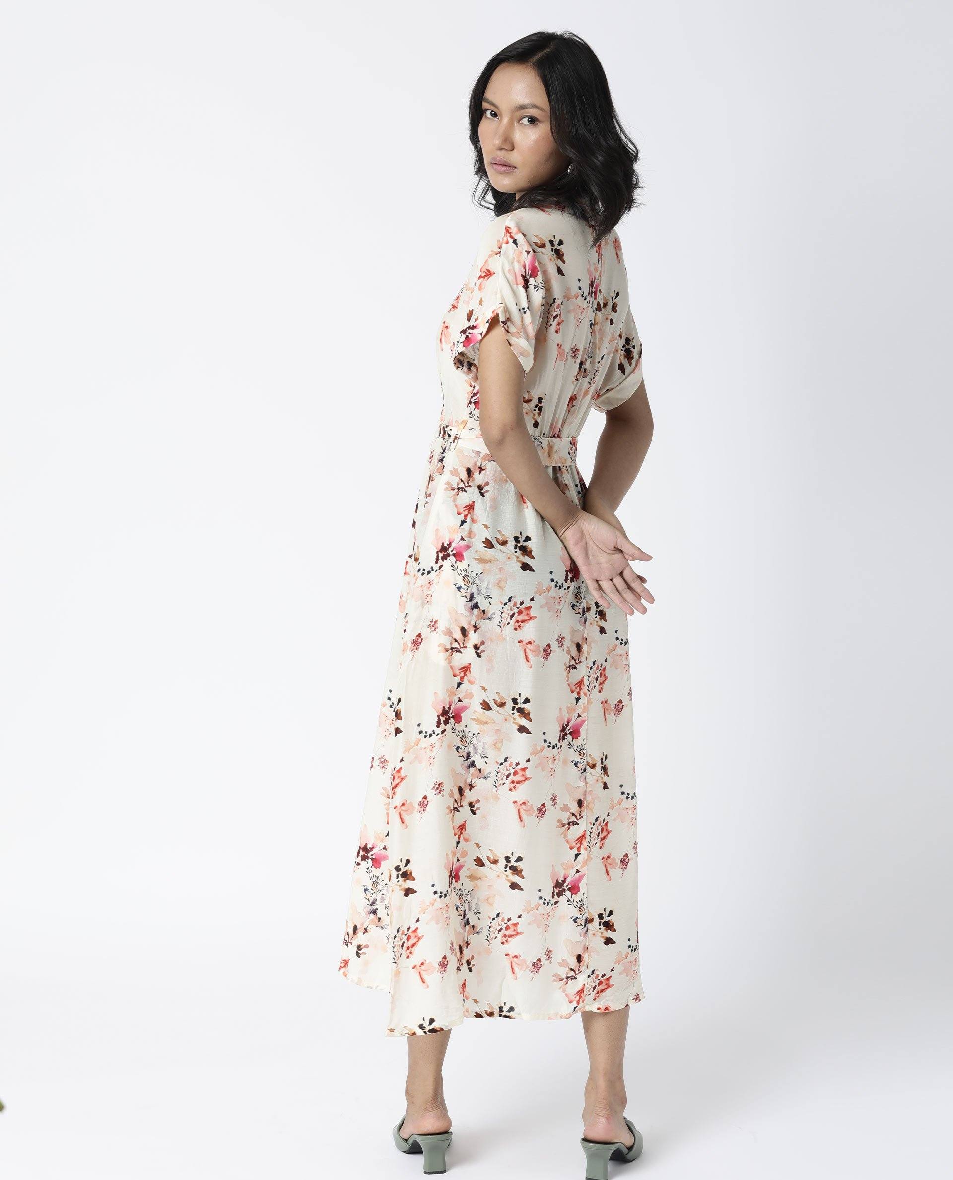 Rareism Womens Fling Off White Dress Cotton Silk Fabric Relaxed Fit Drop Shoulder Half Sleeve A Line Dress Long Length