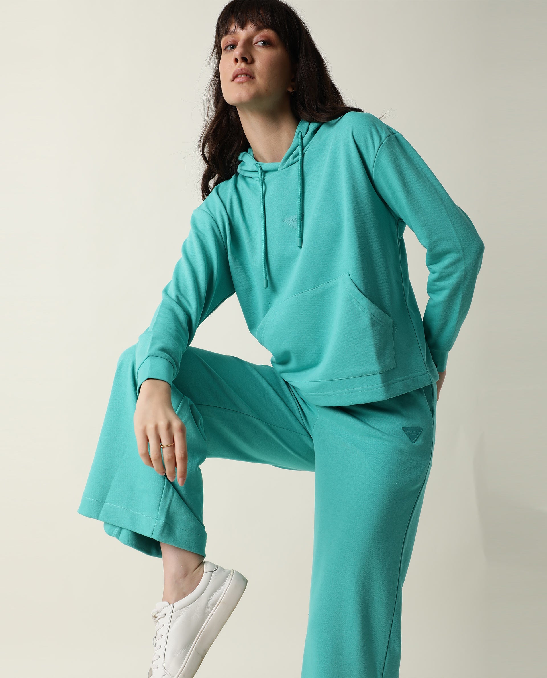 Rareism Women Pazo-1 Turq Poly Cotton Fabric Relaxed Fit Solid Mid Rise Ankle Length Track Pant