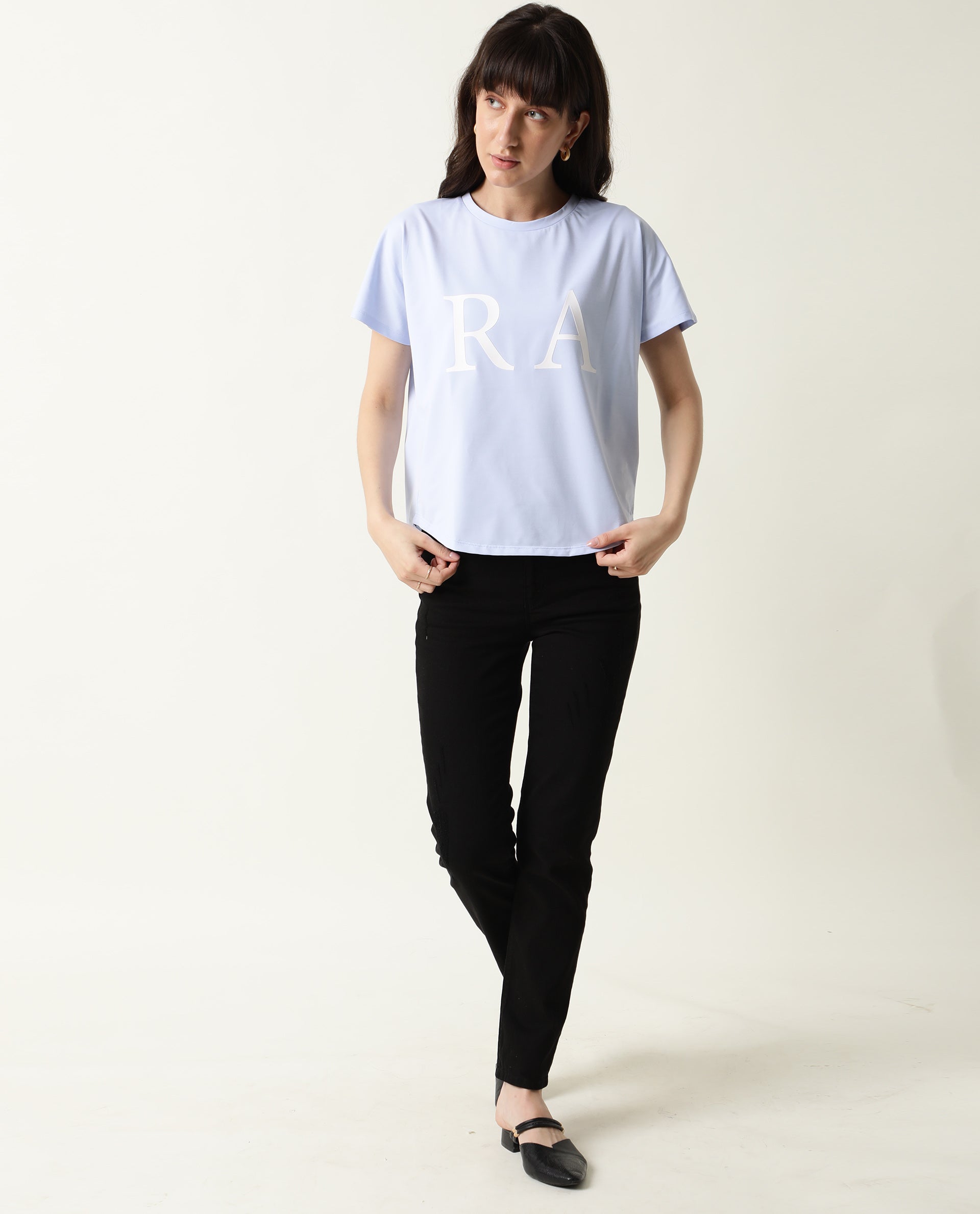 Rareism Women Hush Blue Poly Cotton Fabric Regular Fit Half Sleeves Graphic Print Crew Neck T-Shirt