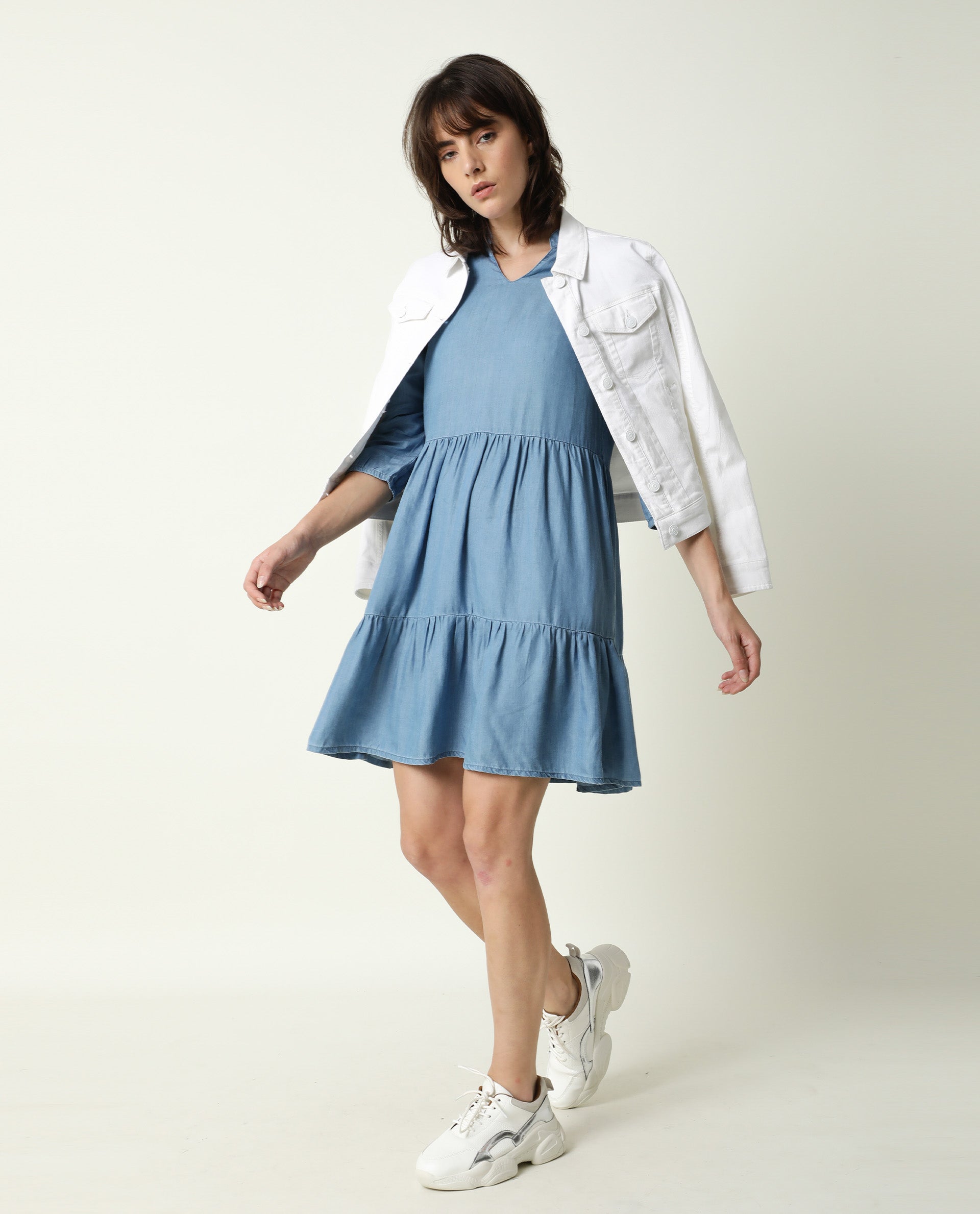 Rareism Women Mayo Blue Mandarin Collar Full Sleeves With Pockets Tiered Knee Length Dress