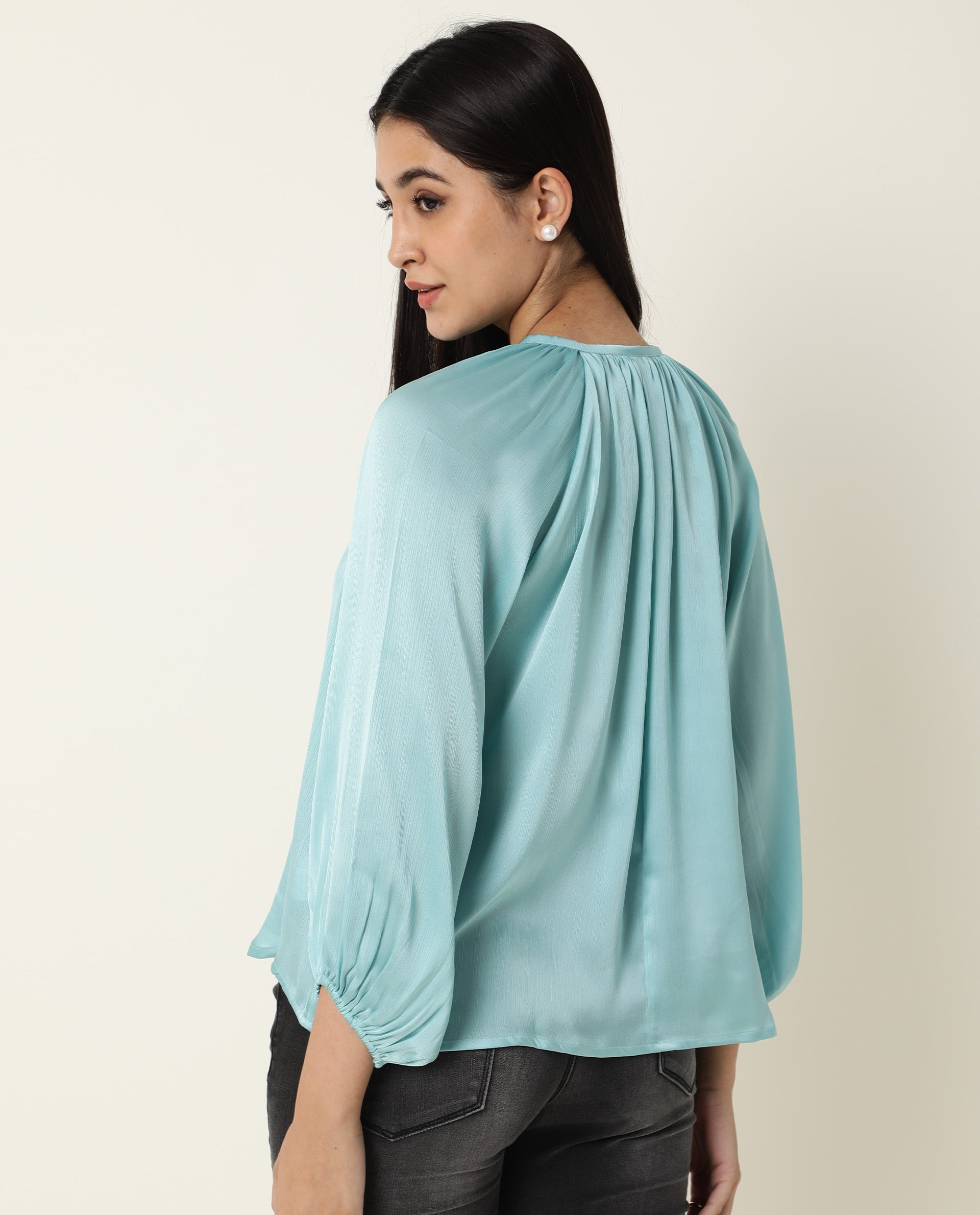 Rareism Womens Fall Blue Top Polyester Fabric Regular Fit Balloon Sleeve Round Neck