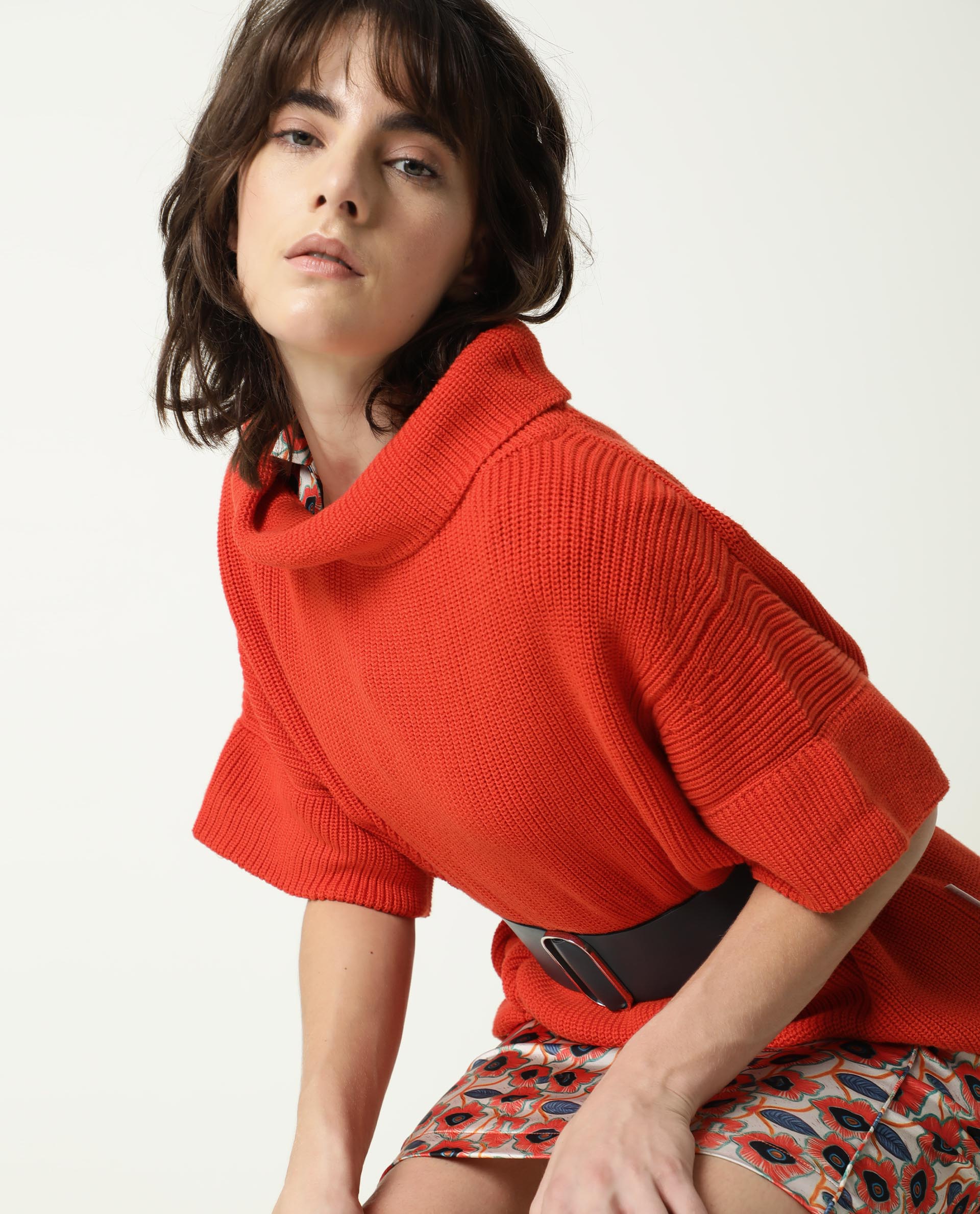 Rareism Women Daffy Orange Cotton Fabric Half Sleeves Relaxed Fit Solid Cowl Neck Sweater