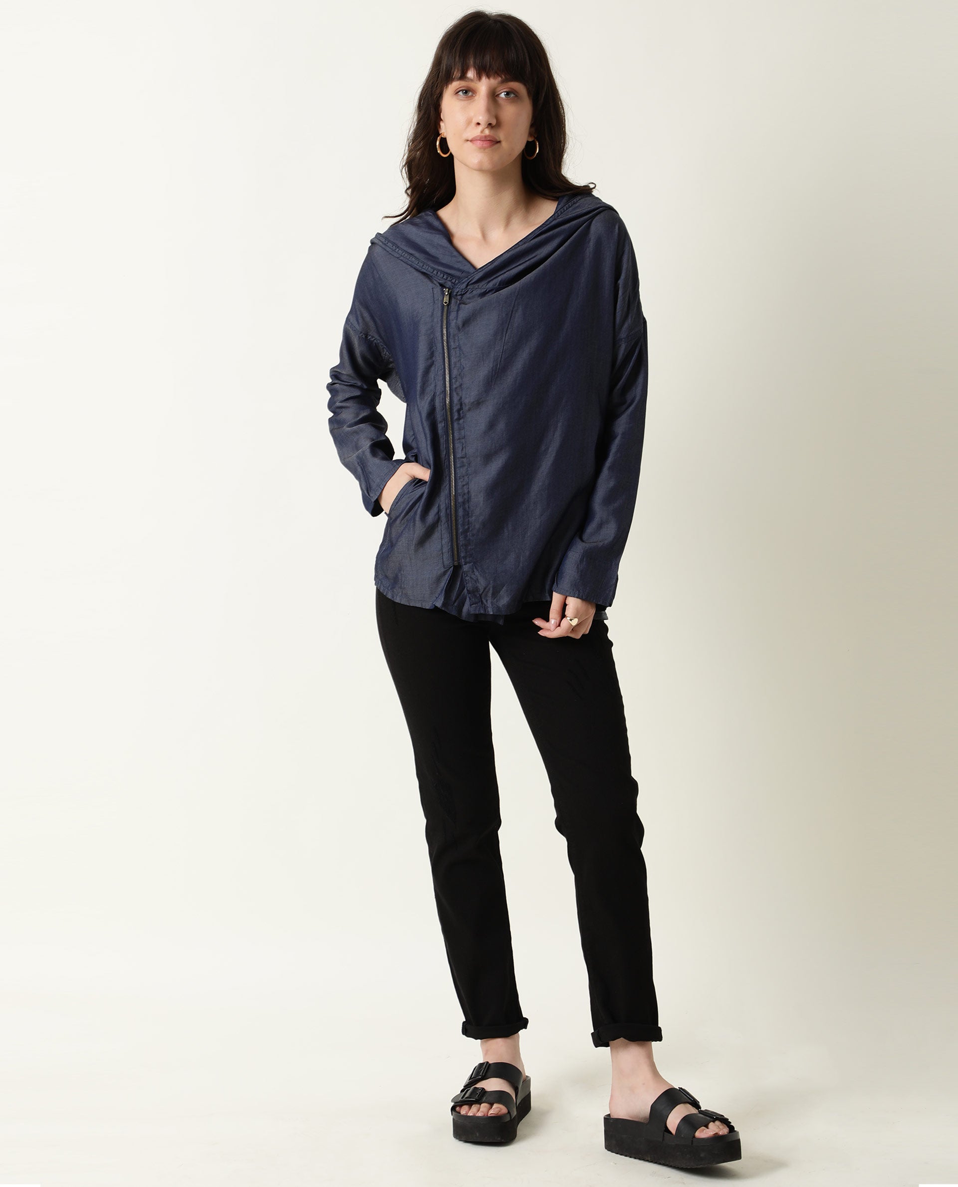 Rareism Womens Hemp Bark Blue Hoodie Zipper Closure