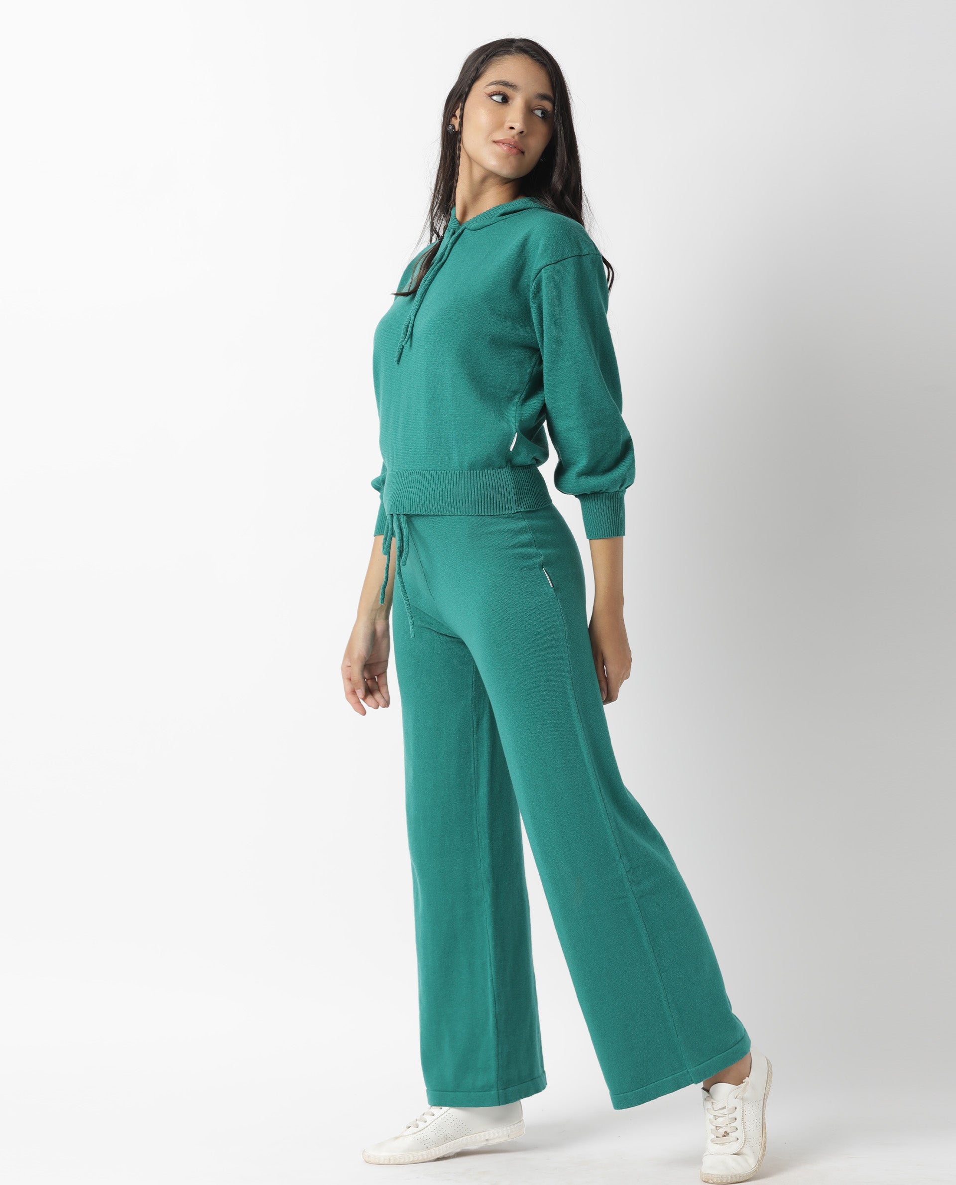 Rareism Women Finn Green Cotton Fabric Relaxed Fit Full Sleeves Solid Knee Length Hooded Track Suit