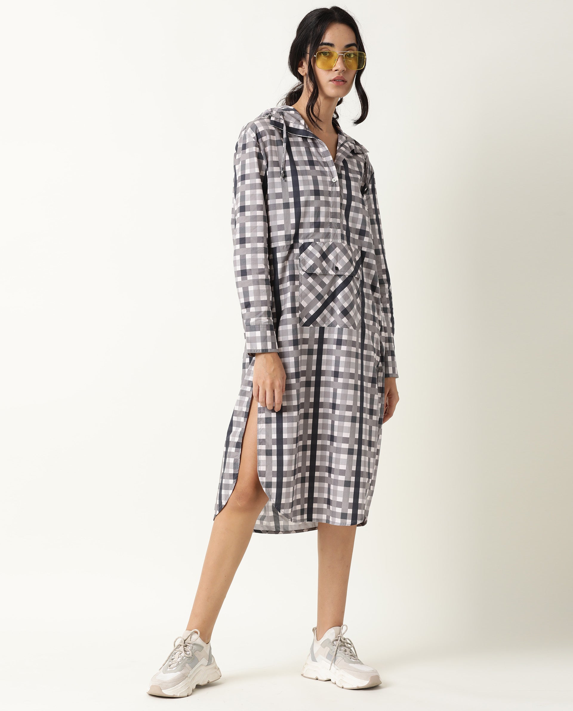 Rareism Women Loreal Grey Checks Shirt Collar With Hoodie Full Sleeves Front Pocket Patch With Side Slit Midi Dress
