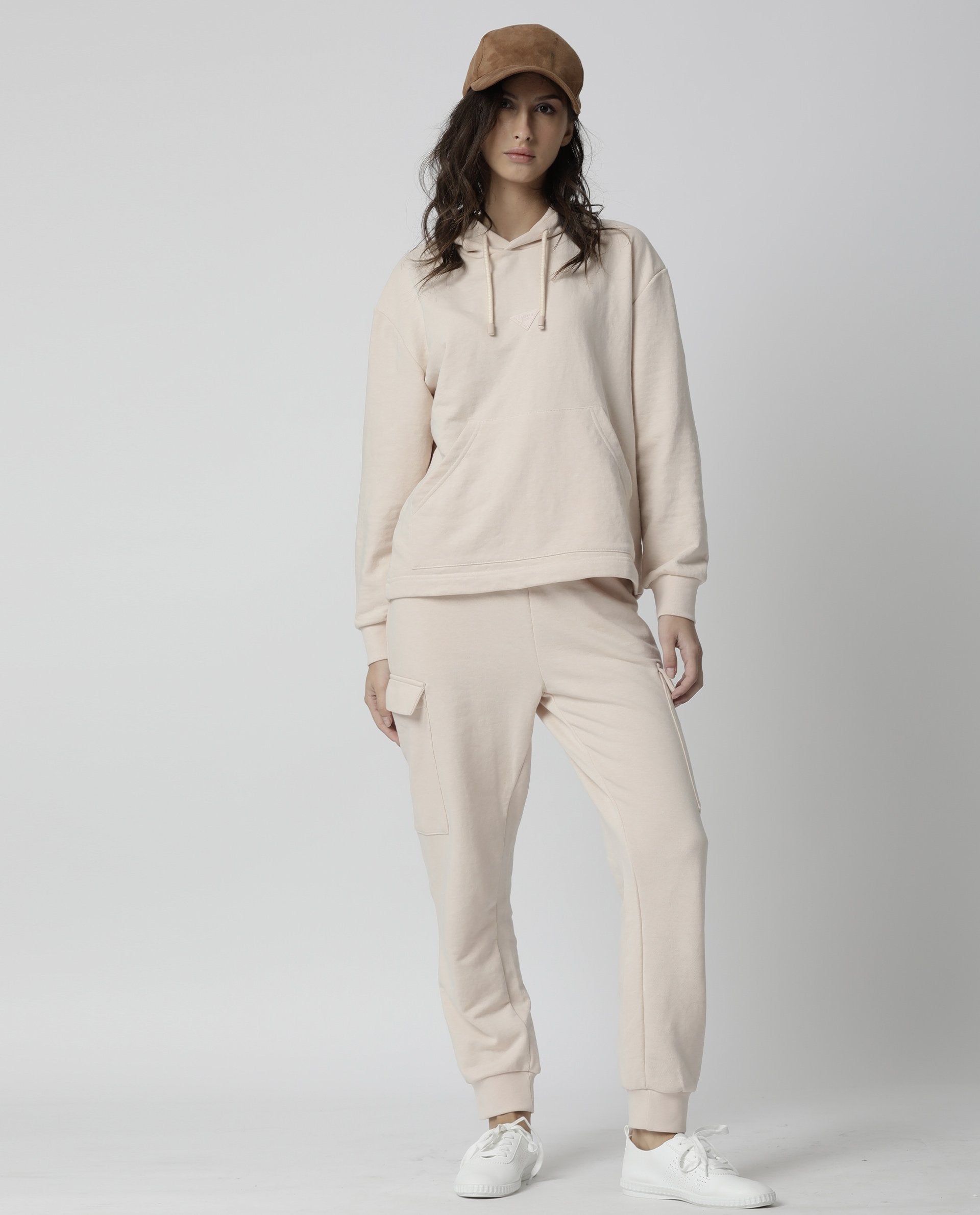 Rareism Women Nush Beige Cotton Poly Fabric Tailored Fit Solid Mid Rise Ankle Length Track Pant
