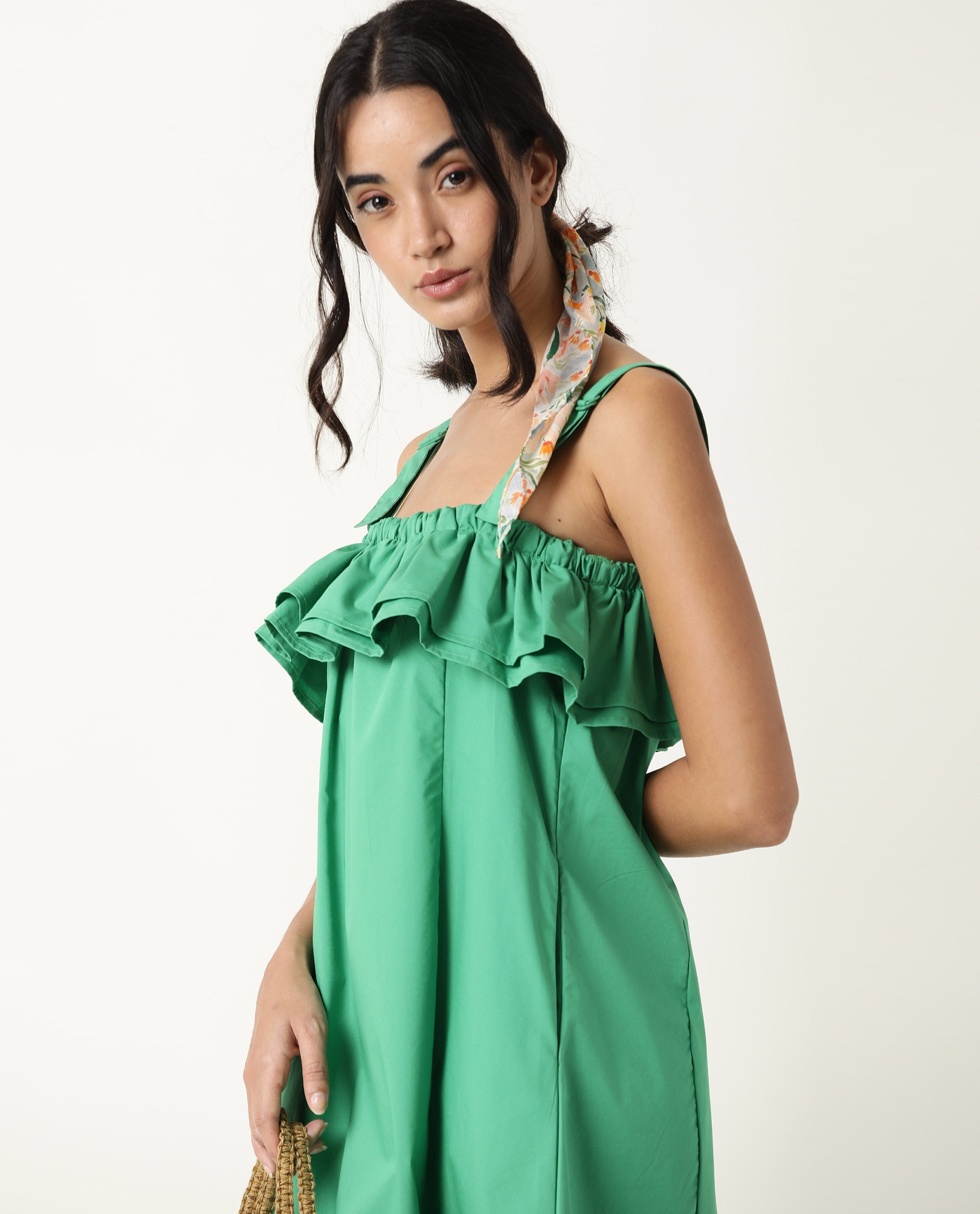 Rareism Women Shallow Green Broad Shoulder Straps Ruffled Square Neck With Pockets Midi Dress