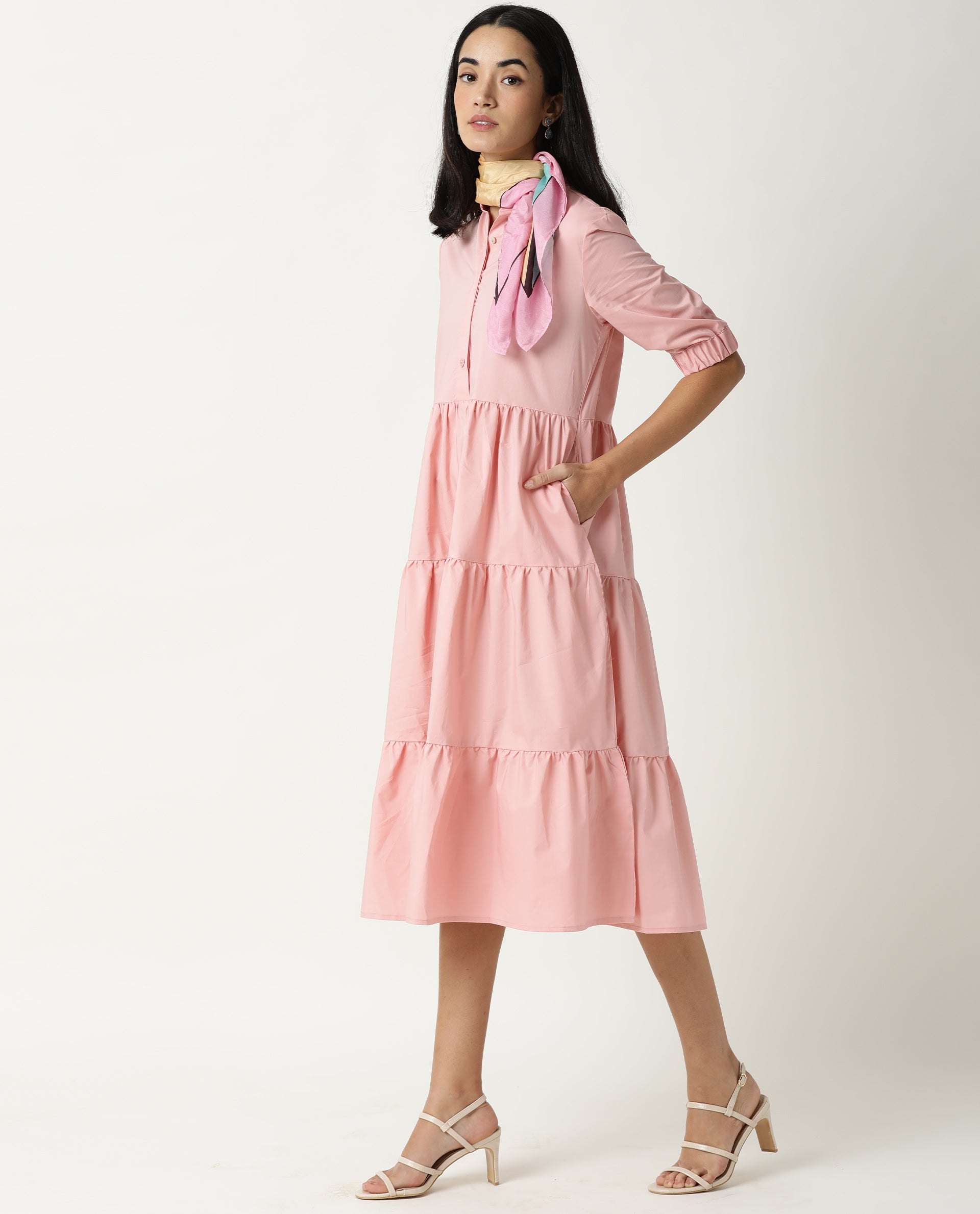 Rareism Women Alena Pink Mandarin Collar 3/4 Sleeves With Pocket Tiered Knee Length Dress