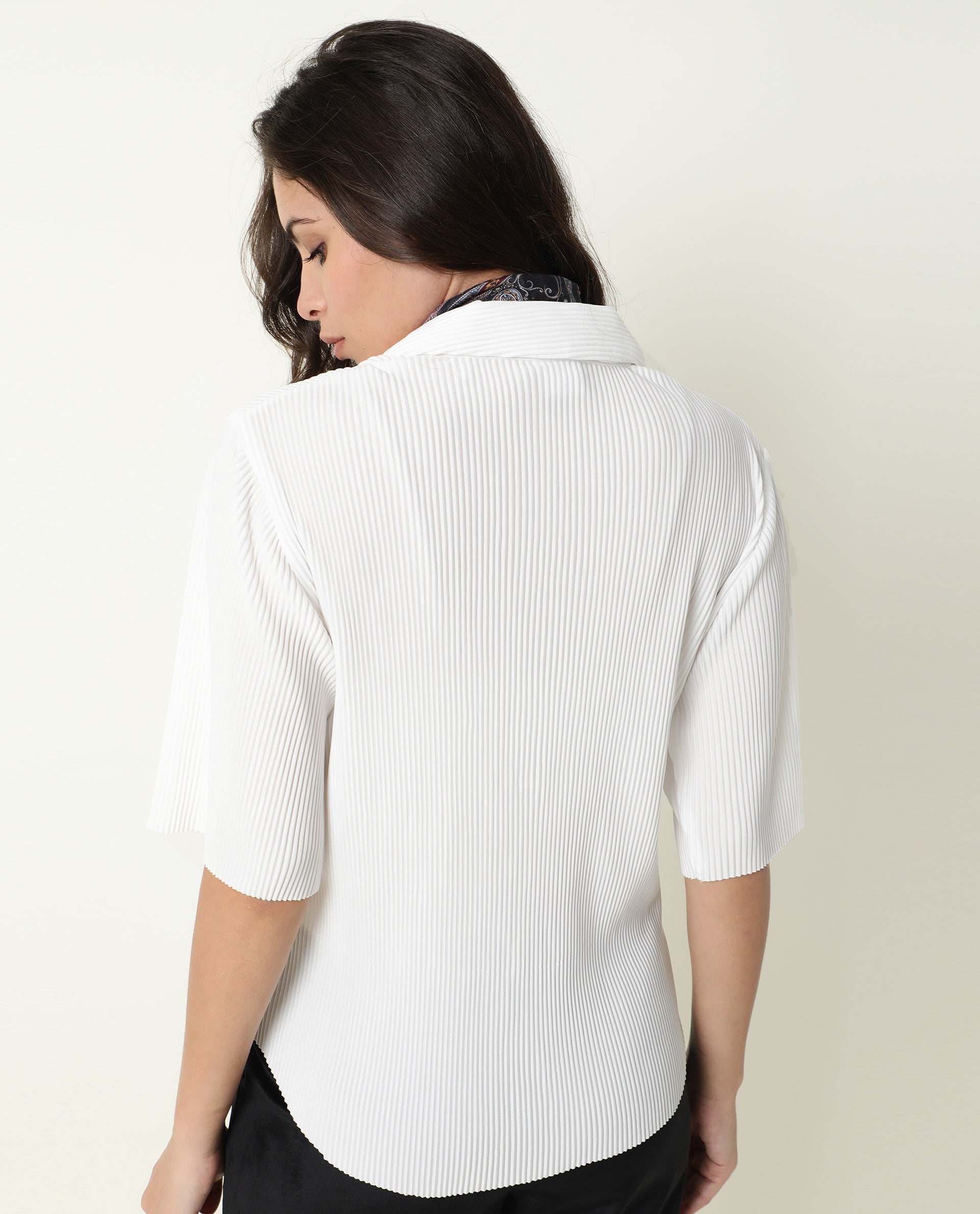 Rareism Womens Hoops White Top Polyester Fabric Fitted Fit Half Sleeve Collared Neck