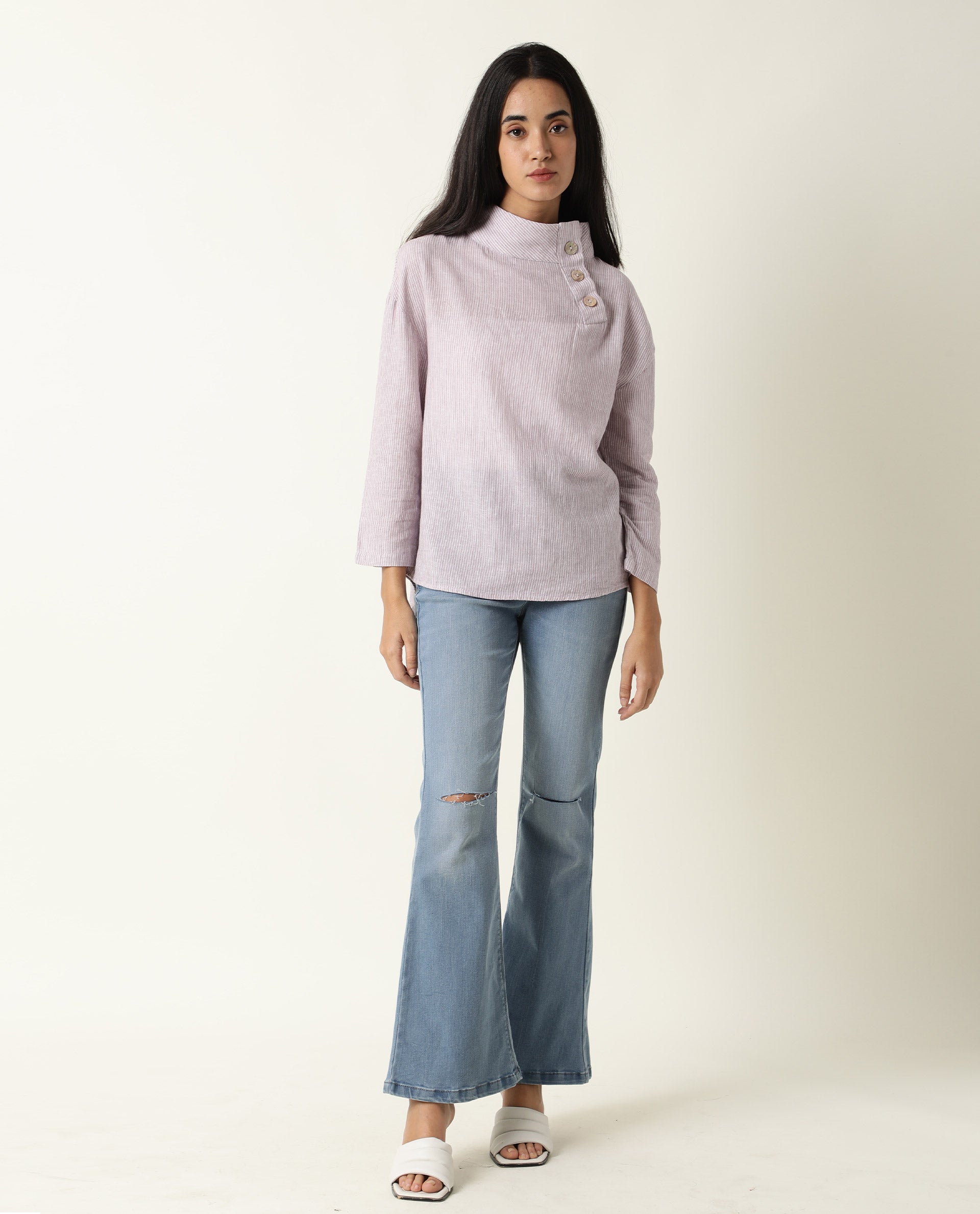 Rareism Women Mute Pastel Purple Cotton Linen Fabric Regular Fit High Neck Full Sleeves Solid Top