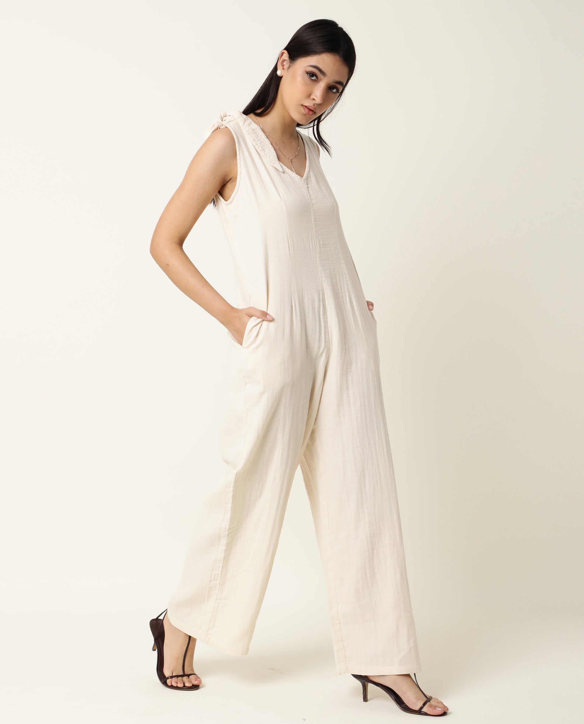 Rareism Women Peanut Beige Cotton Fabric Tailored Fit Knee Length Solid Jumpsuit