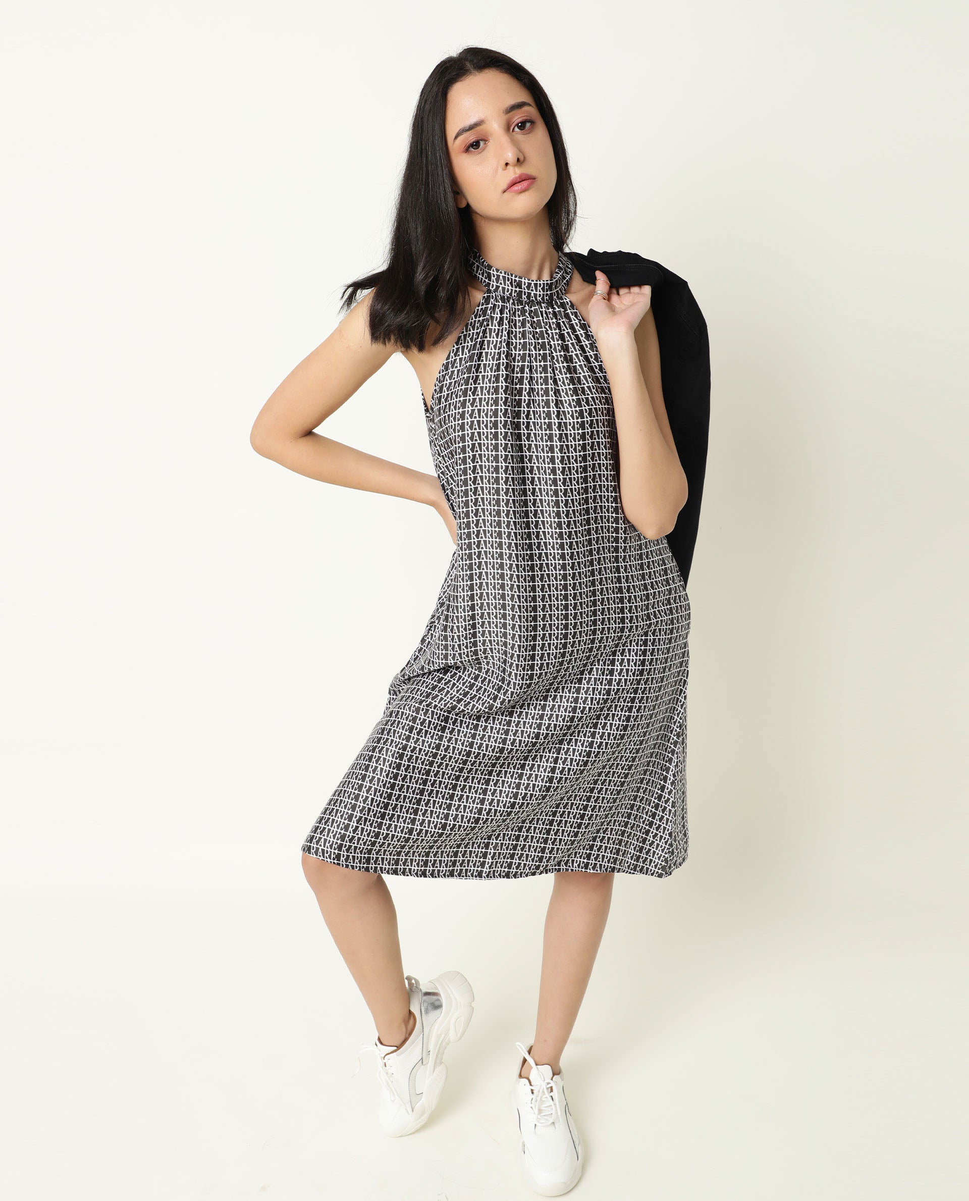 Rareism Women Renata Black Halter Neck With Tie Up Back And Pockets Knee Length Dress