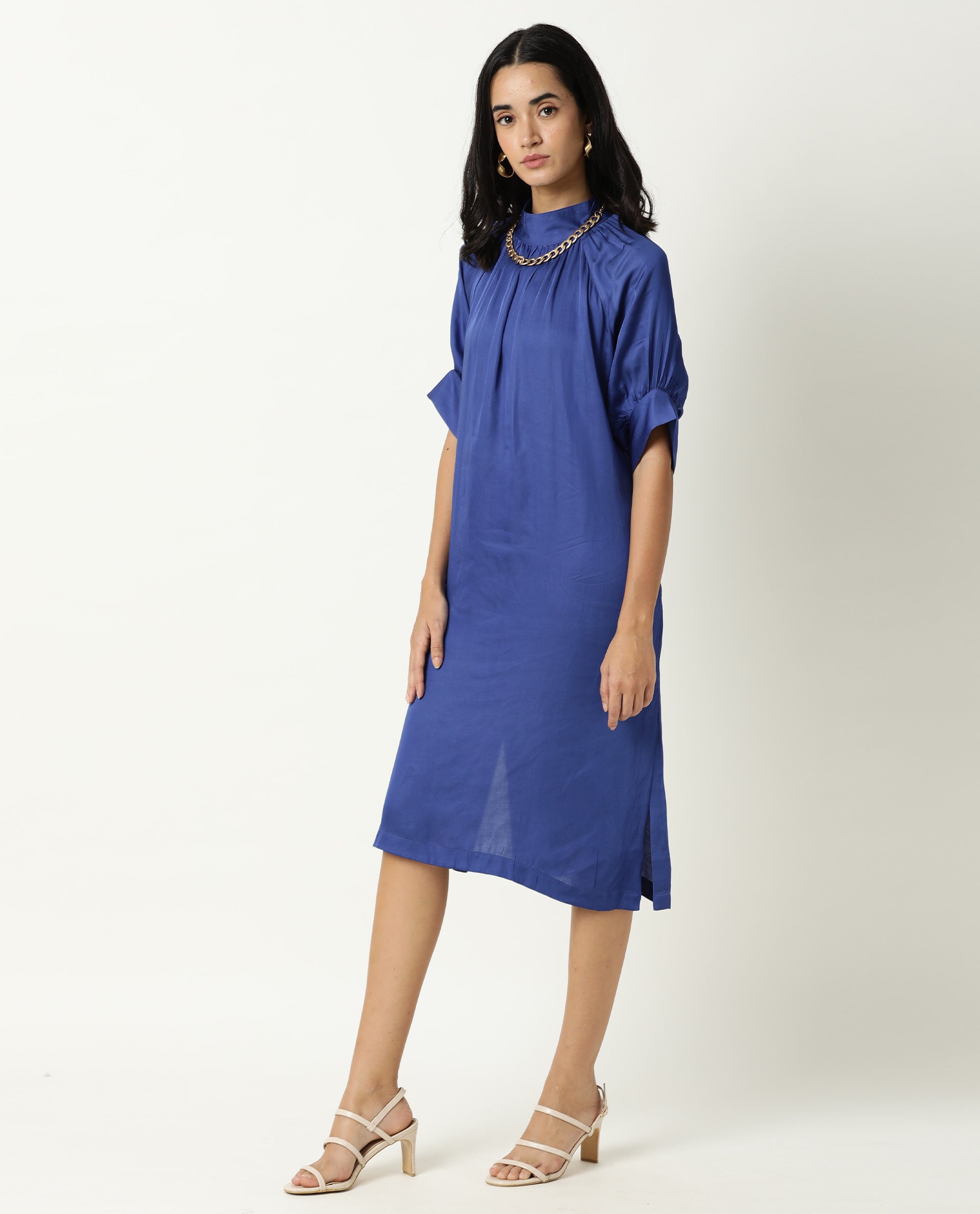 Rareism Women Shiver Dark Blue High Neck With Gathers Raglan Sleeves With Puff And Side Slit Knee Length Dress