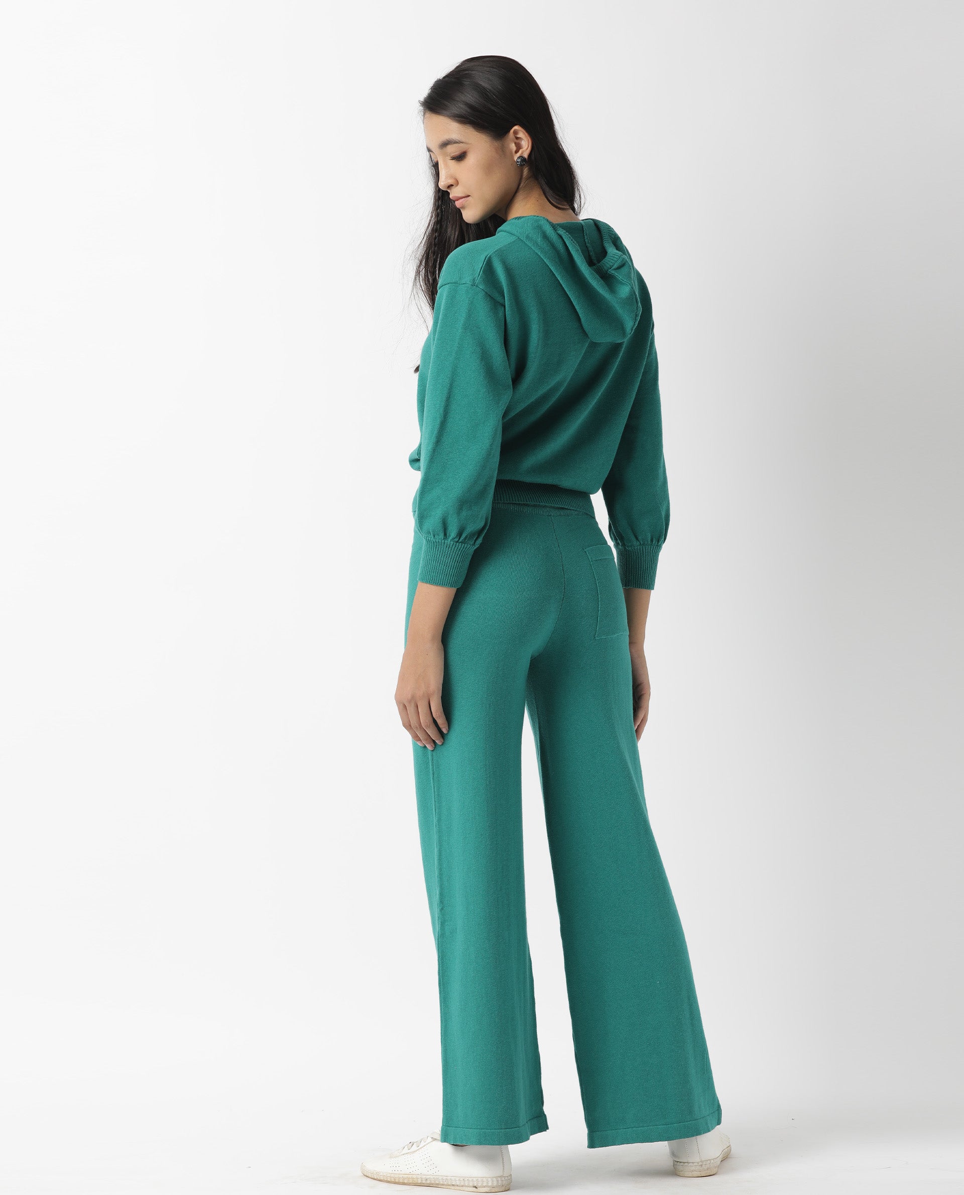 Rareism Women Finn Green Cotton Fabric Relaxed Fit Full Sleeves Solid Knee Length Hooded Track Suit